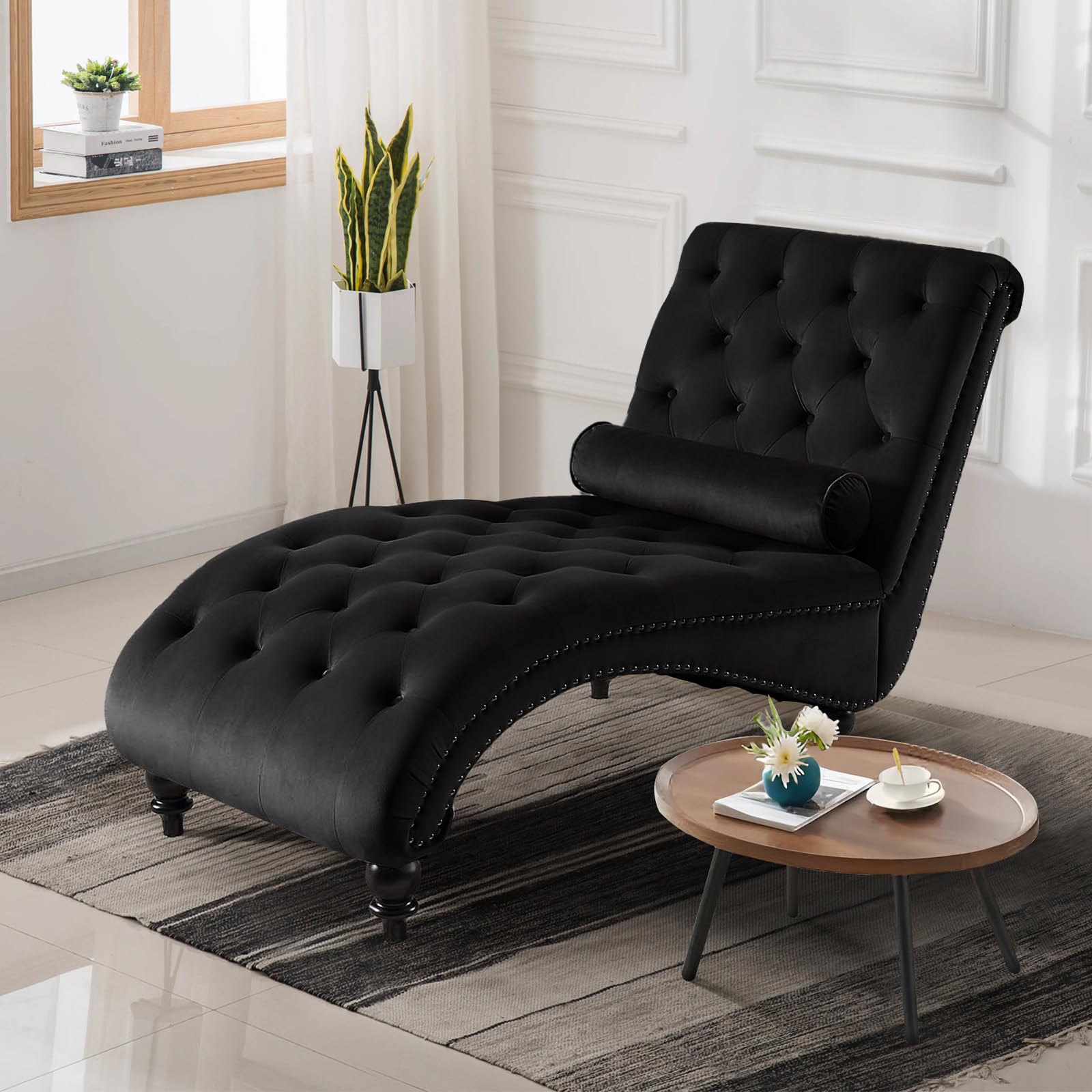 Luxury Velvet Chaise Lounge Chair with Button Tufted Design & Solid Wood Legs - Modern Accent Chair with Lumbar Pillow for Living Room, Bedroom - Perfect for Relaxing, Reading & Napping (Black)