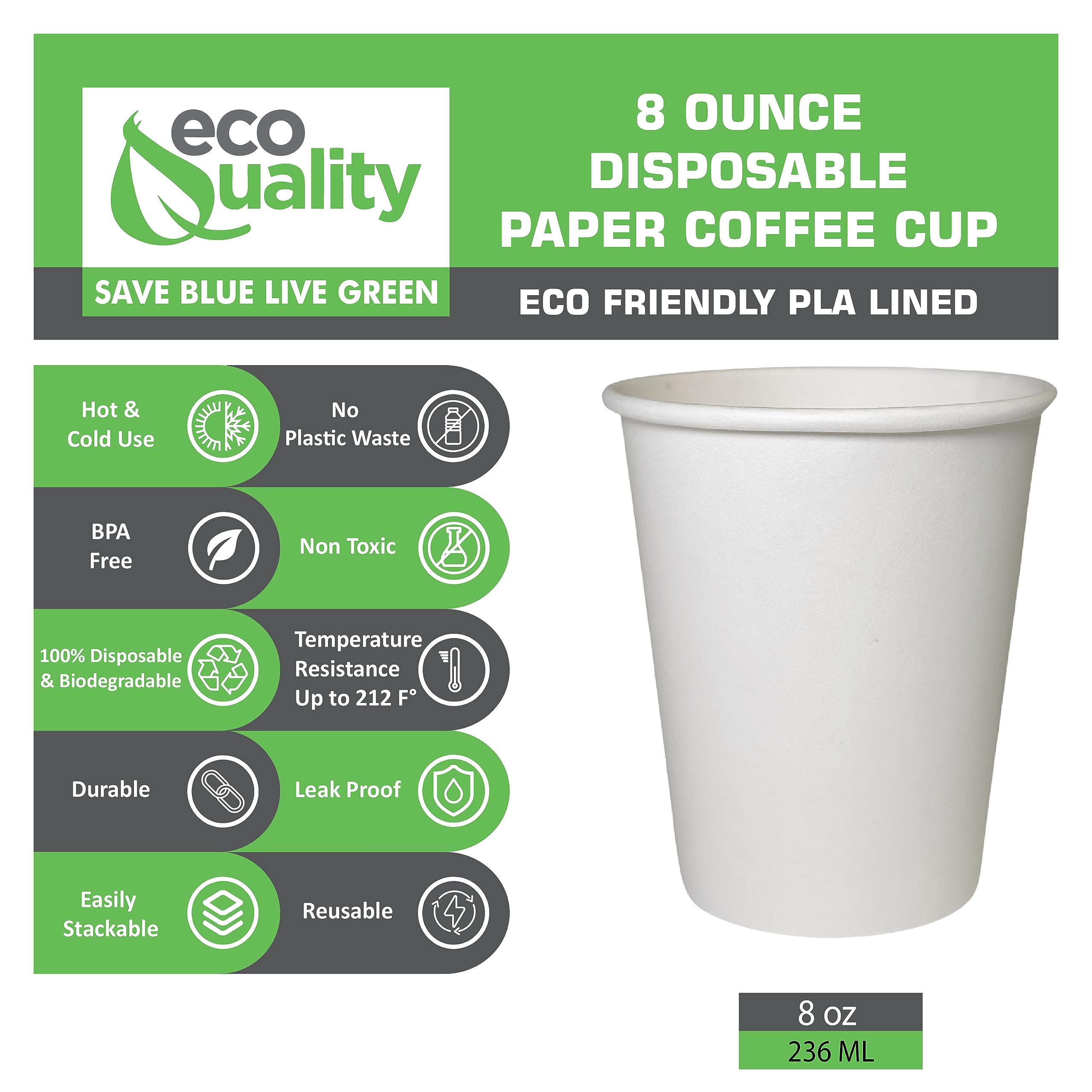 EcoQuality 8 oz White Disposable Hot Drink Paper Cups - Recyclable & Compostable Coffee Cups for Office, Cafe, Restaurant - Bulk Pack of 150 - Perfect for Coffee, Tea, Latte, Chai and Hot Beverages