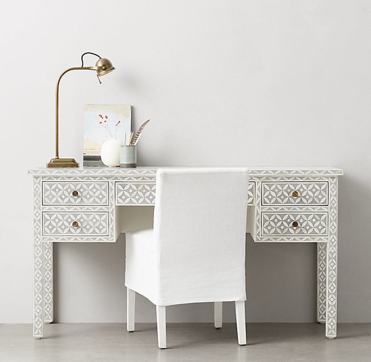 Handmade Grey Bone Inlay Geometric Design Work Desk - Modern Console Table for Home Office, Living Room & Entryway Decor