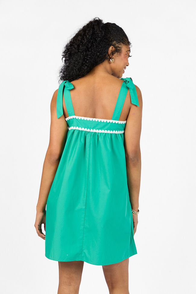 Better This Way Green Tie Shoulder Stitched Trim Mini Dress - Women's Summer Party Cocktail Dress for Date Night & Special Occasions