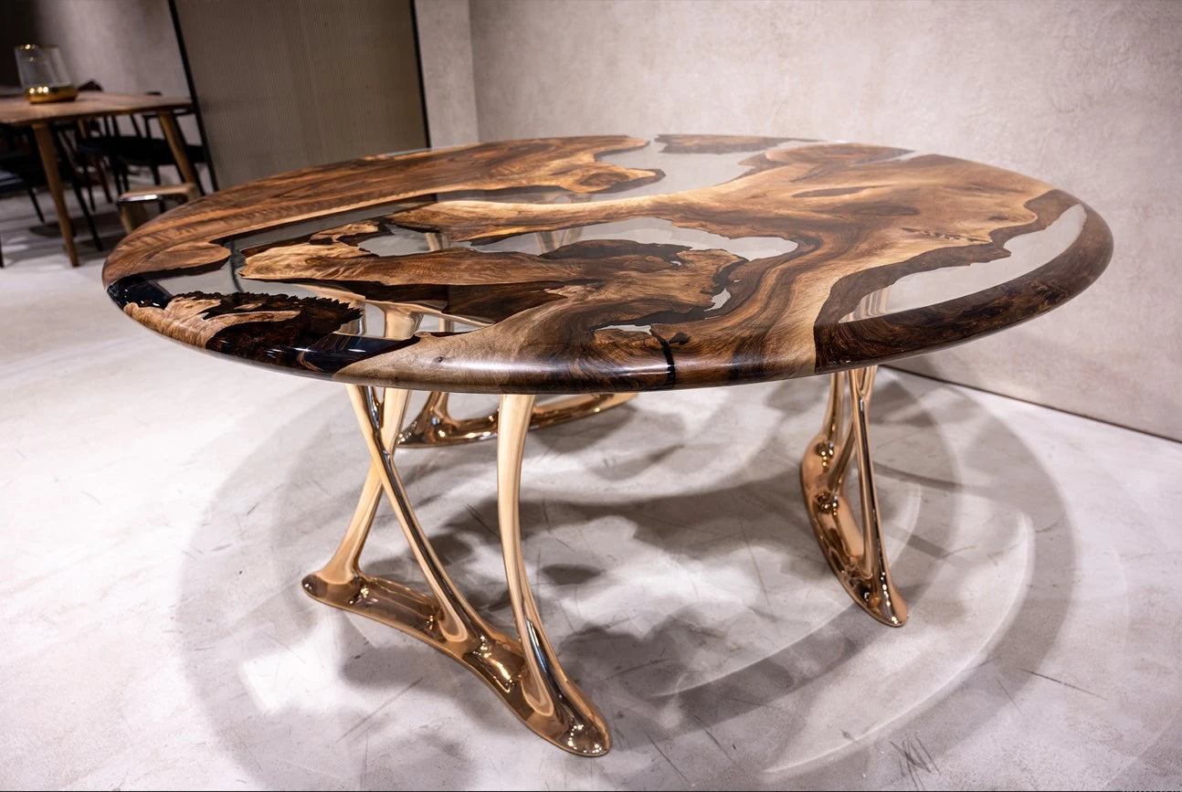 Luxury Round Walnut Dining Table with Rose Gold Aluminum Legs - Modern Kitchen & Dining Room Furniture for Family Gatherings & Dinner Parties