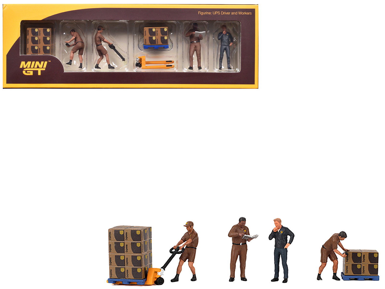 Mini GT 1/64 Scale UPS Delivery Truck & Worker Figure Set - 7 Piece Diecast Model Collection for Car Enthusiasts & Diorama Scenes