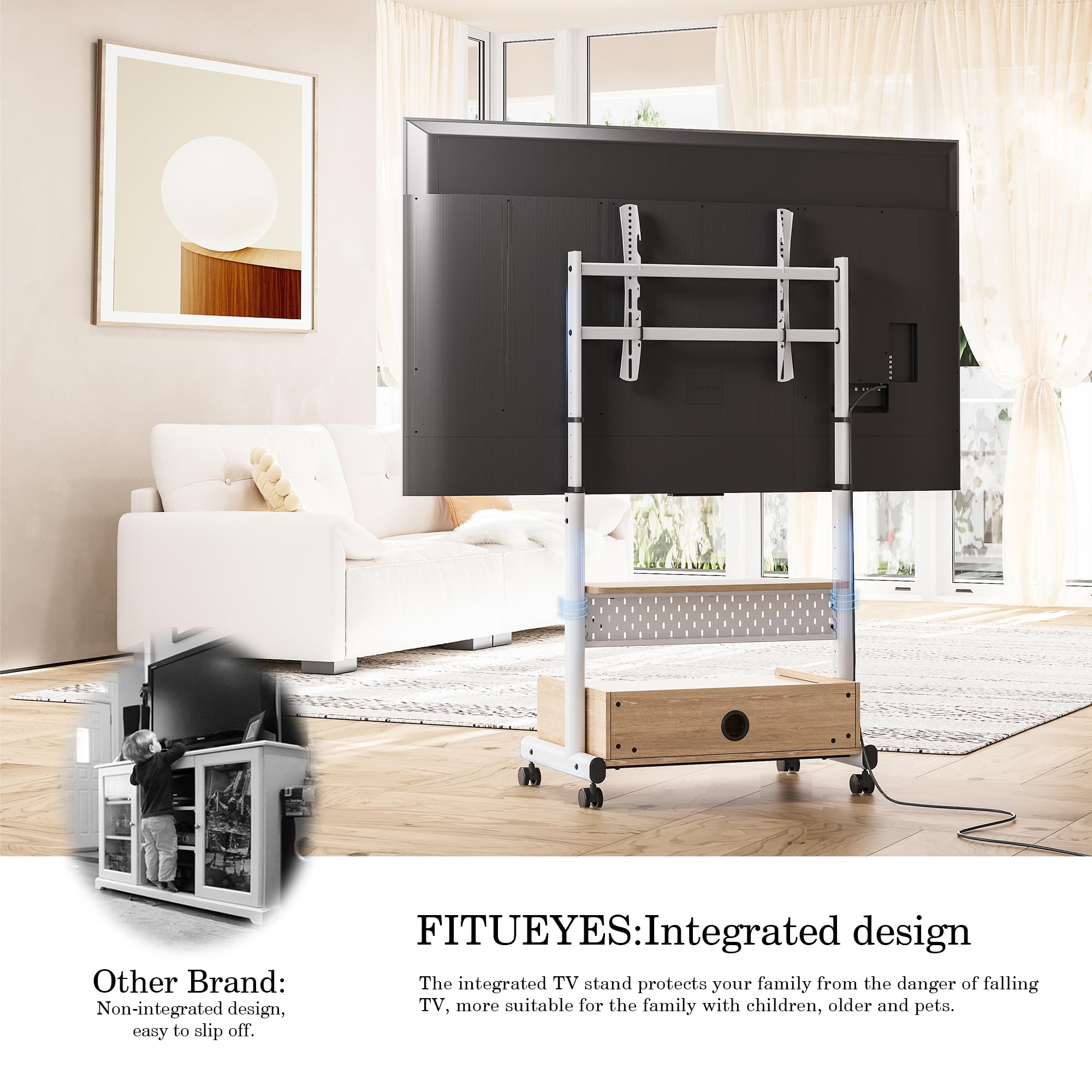 FITUEYES Heavy Duty Rolling TV Stand for 40-85 Inch Flat/Curved Screens - Mobile Corner TV Cart with Mount & Wood Storage Shelf - Holds Up to 132 lbs - Perfect for Living Room, Bedroom, or Office