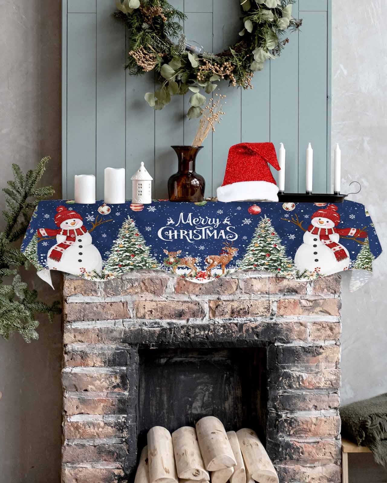 Christmas Mantel Scarf for Fireplace Decor - Snowman Navy Blue Snowflake Deer Poinsettia Fireplace Mantel Cover (60