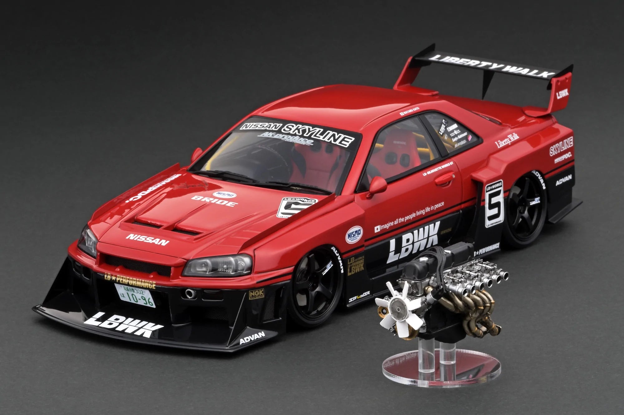 1:18 Scale Nissan Skyline ER34 LBWK Super Silhouette Diecast Model Car - Red & Black with Detailed Engine Display - Perfect for Collectors & Racing Enthusiasts