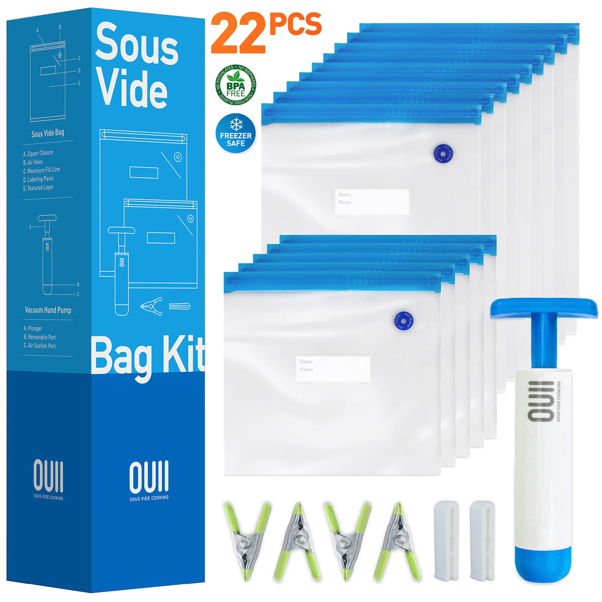 Premium Reusable BPA-Free Sous Vide Bags (15 Pack) with Hand Pump - Compatible with Joule, Anova & All Sous Vide Machines - Multi-Size Vacuum Sealer Bags for Food Storage & Freezing - Perfect for Meal Prep, Sous Vide Cooking & Long-Term Food Preservation