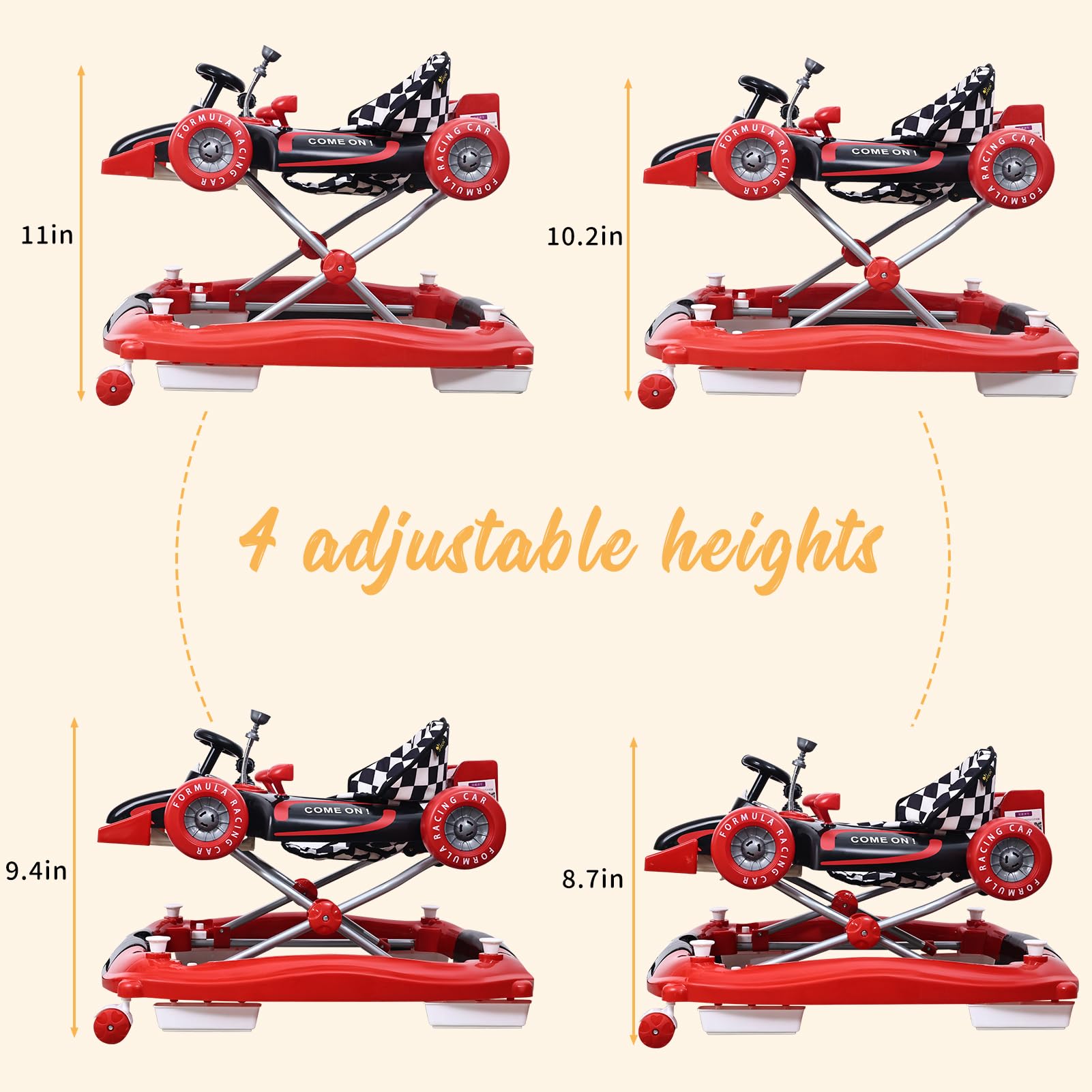 Baby Walker with Wheels & Activity Center - Anti-Rollover Design, Adjustable Height (4 Levels), Foldable & Comfortable Seat with Footrest | Includes Steering Wheel, Music & Lights for Boys & Girls 6-18 Months | Perfect for Learning to Walk & Indoor Playtime