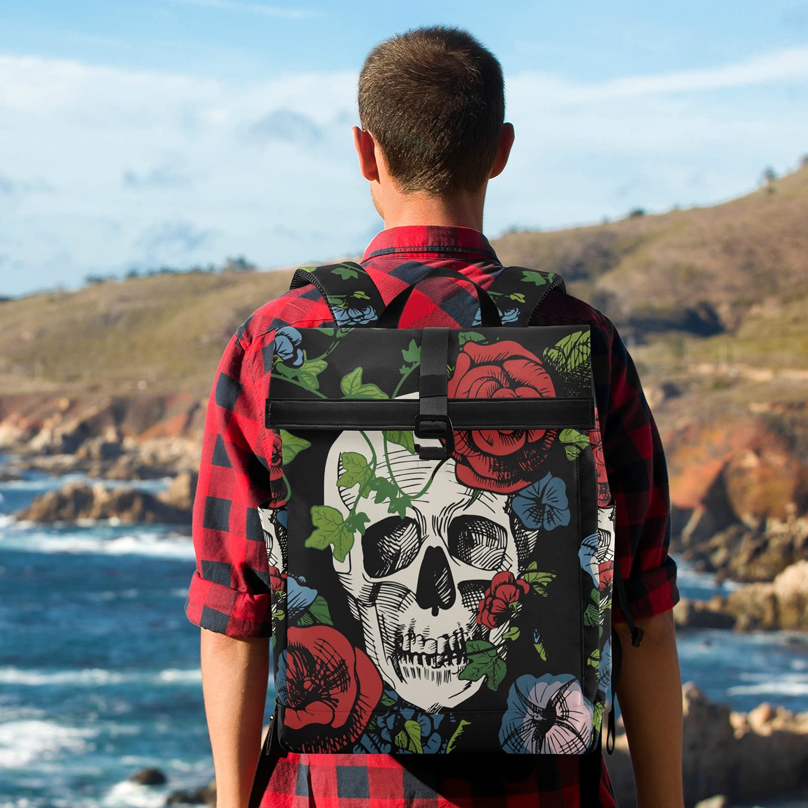 ALAZA Waterproof Anti-Theft Roll Top Laptop Backpack for Women & Men - Skull Roses & Leaves Design, Fits 13-17.3 Inch Laptops - Perfect for College, Travel & Daily Commute
