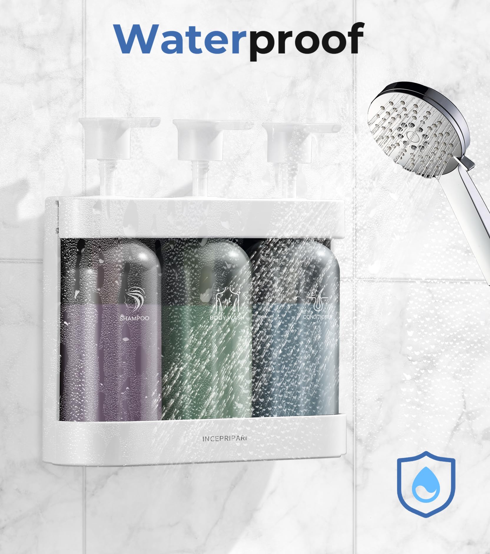 3-Chamber Wall Mounted Shampoo & Conditioner Dispenser for Shower - No Drill Bathroom Organizer with Soap Dispenser | Perfect for Hotels, Spas & Home Bathrooms (White)