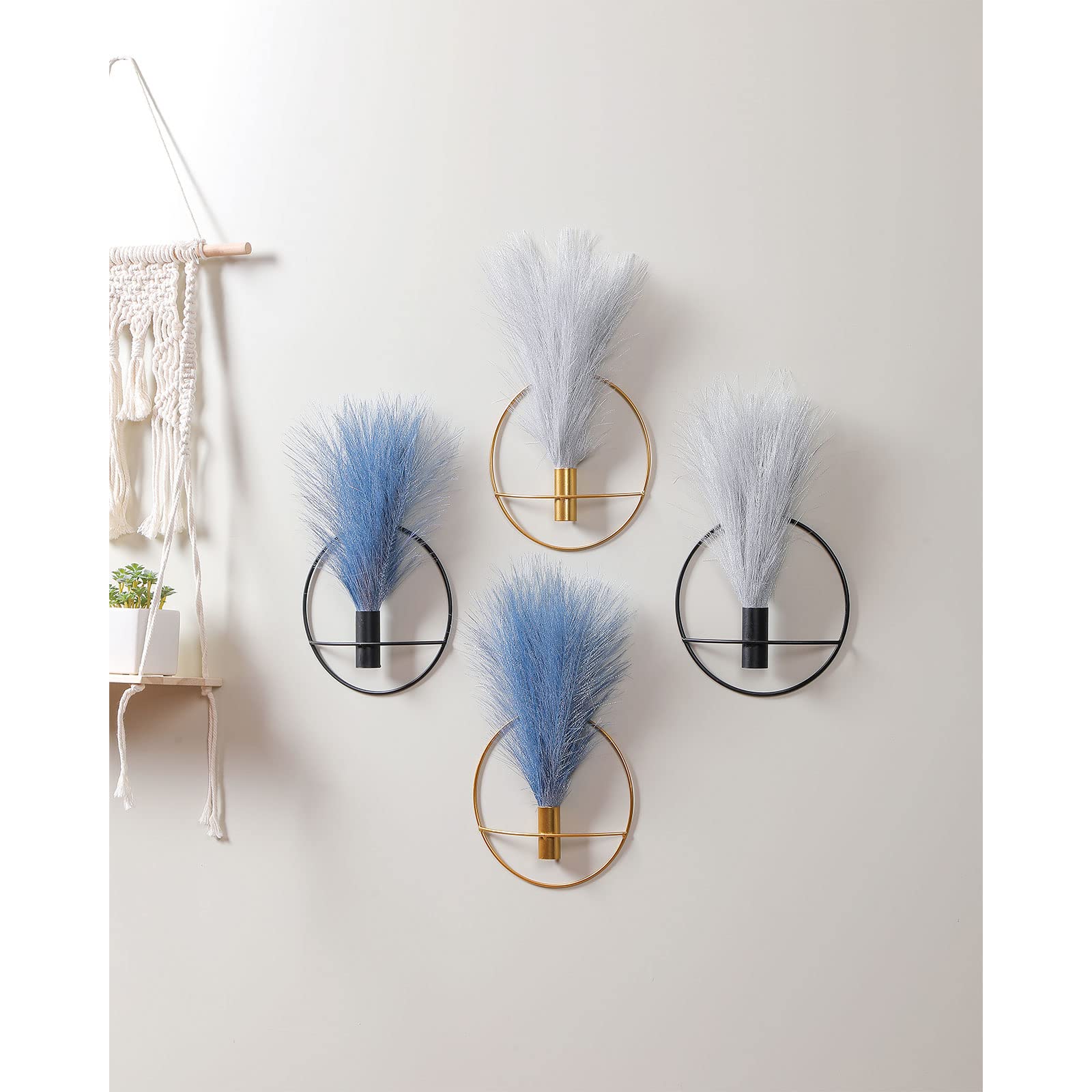 Pretty Jolly Wall Decor - 2 Pack Black Metal Vase Wall Art with Artificial Flowers & Fake Wheat Greenery - Farmhouse & Boho Style Home Decoration for Living Room, Bedroom, or Office