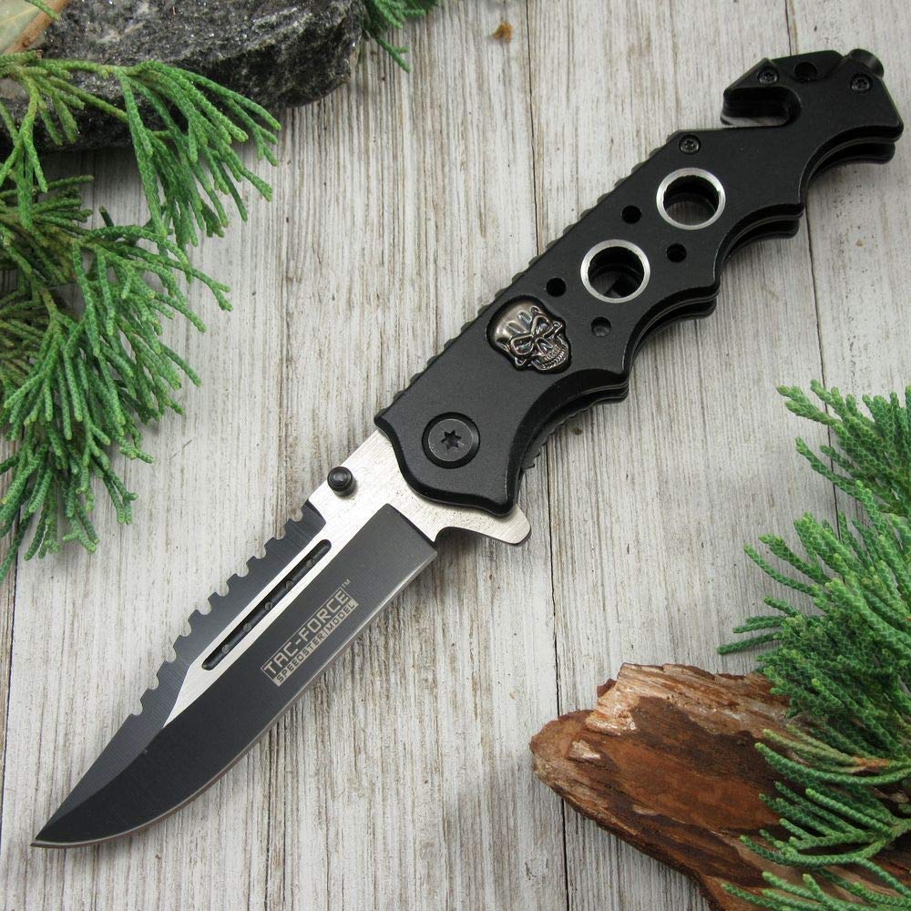SPRING ASSIST FOLDING POCKET KNIFE - Black Skull Tactical Rescue Knife TF809BK | EDC, Outdoor Survival, Camping & Emergency Tool