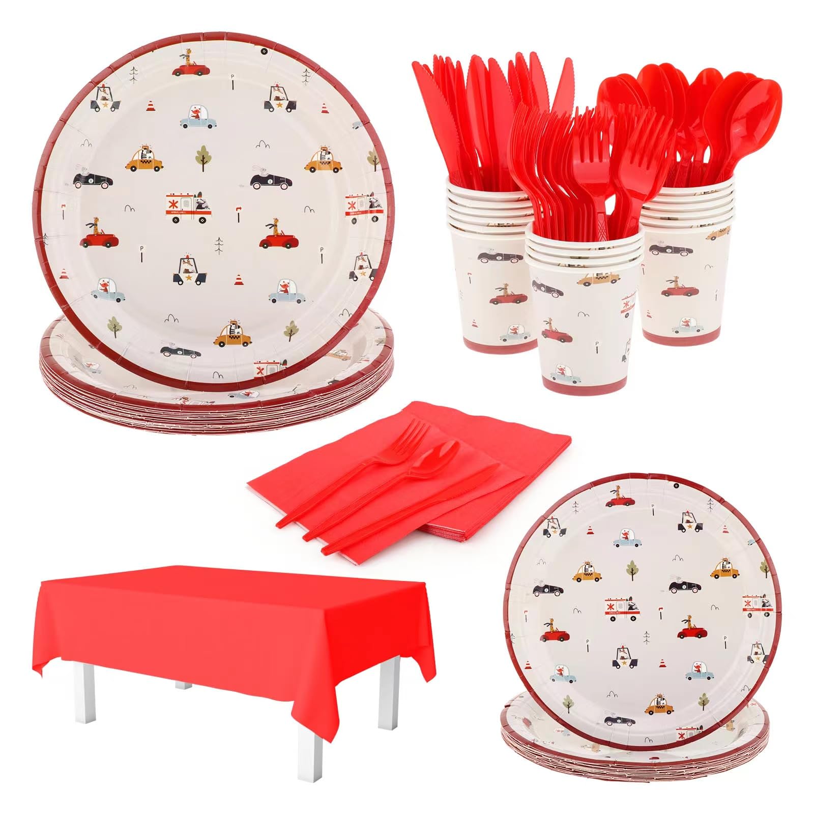 113-Piece Car-Themed Party Tableware Set - Plates, Napkins, Cups, Forks, Spoons, Knives & Tablecloth - Perfect for Boys Birthday Party & Baby Shower - Serves 16 Guests - Ideal for Themed Celebrations & Kids Events