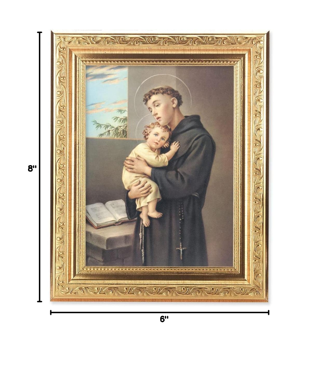 St. Anthony Religious Wall Art - Gold Leaf Antique Framed Picture with Acanthus Leaf Detail - Perfect for Home Decor, Church Altar & Catholic Gift Giving