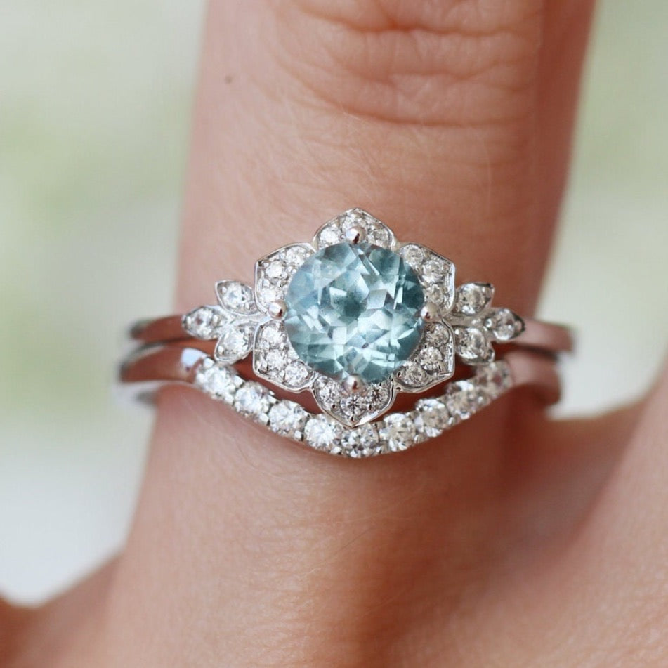 Elegant Sterling Silver Jasmine Aquamarine Ring Set for Women - Perfect for Weddings, Anniversaries & Special Occasions