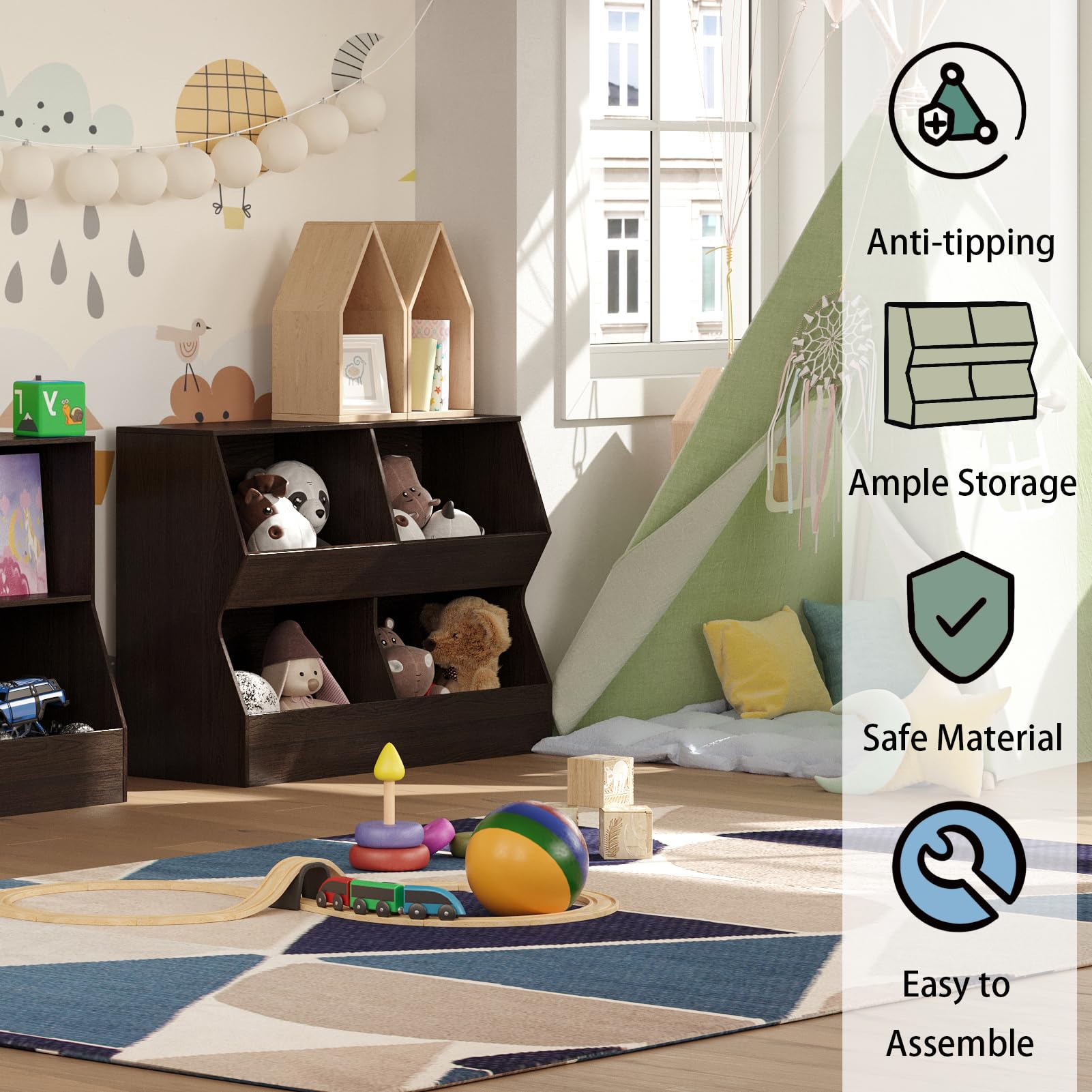 DINZI LVJ 2-Tier Wooden Bookshelf - 4 Cubby Toy Storage Organizer for Bedroom, Nursery, Hallway & School - 39.4 Inch Long - Perfect for Kids' Room Organization & Home Decor
