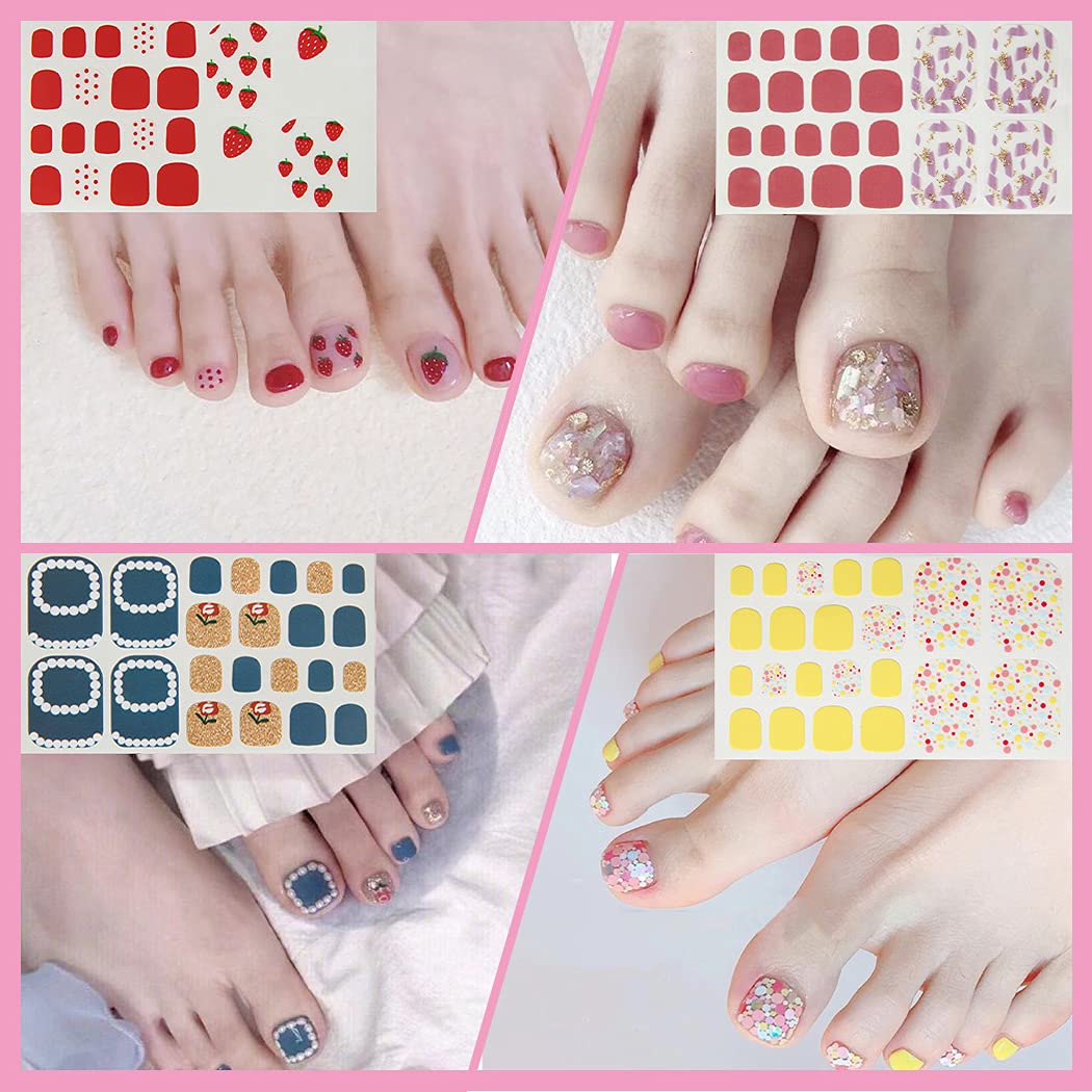 WOKOTO 20 Sheets Pink Cute Toe Nail Stickers for Women - DIY Nail Polish Strips with Nail File Set | Easy Stick-On Gel Nail Art for Toes | Perfect for Pedicures, Parties & Summer Beach Looks