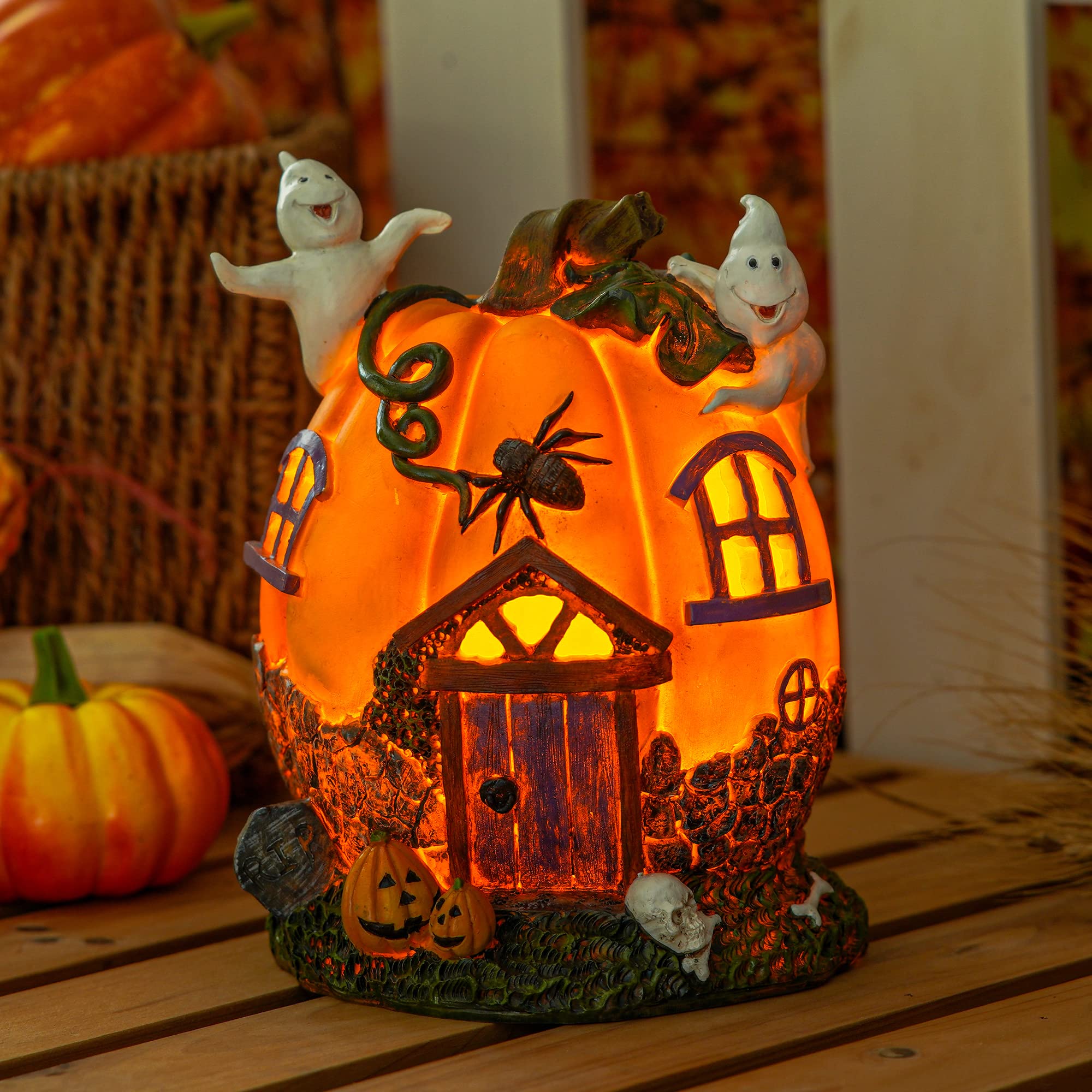 Topadorn Halloween Pumpkin House Figurine with Ghost - Spooky LED Lighted Haunted House Decor for Table, Garden, Yard - Perfect for Halloween Party, Home Decoration & Outdoor Scary Display