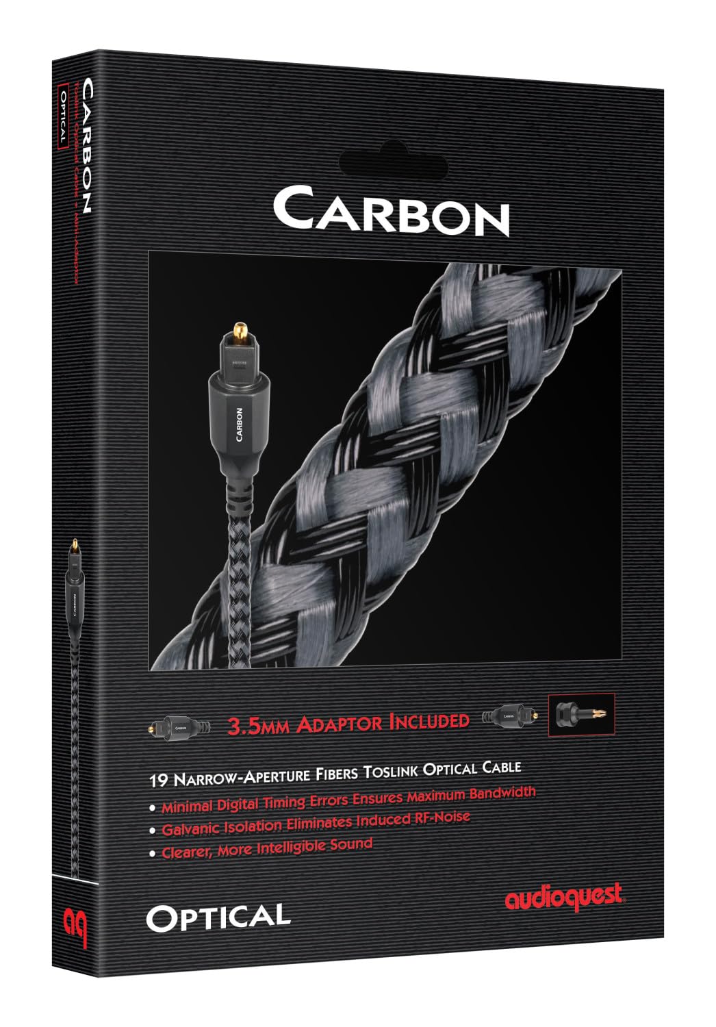 AudioQuest 3m Carbon Optical Toslink Fiber-Optic Cable with Mini-Adapter - High-Speed Digital Audio Cable for Home Theater, Sound Bar, TV & Gaming Systems