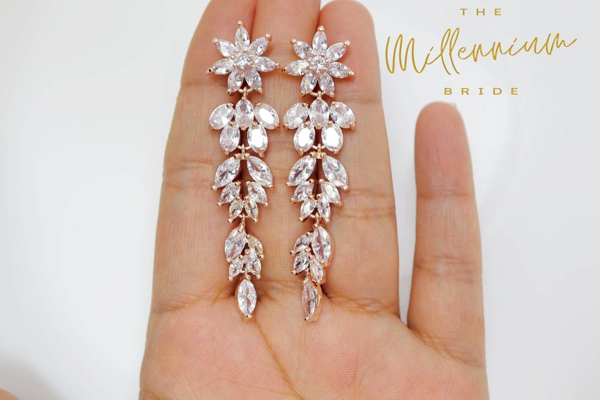Elegant Cubic Zirconia Flower Leaf Drop Earrings - Long Crystal Bridal Earrings for Wedding, Party & Special Occasions | Statement Jewelry for Women