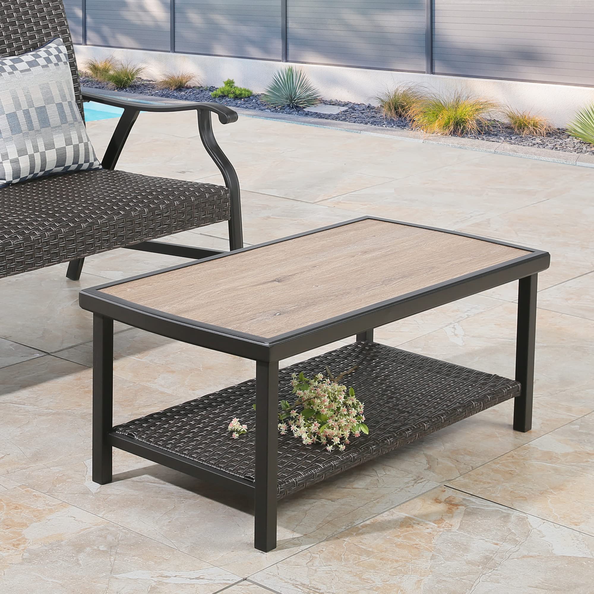 Black Steel Wicker Coffee Table for Patio - 37'' x 19'' Rectangular Outdoor Side Table with Storage Shelf | Perfect for Backyard, Garden, and Poolside Relaxation