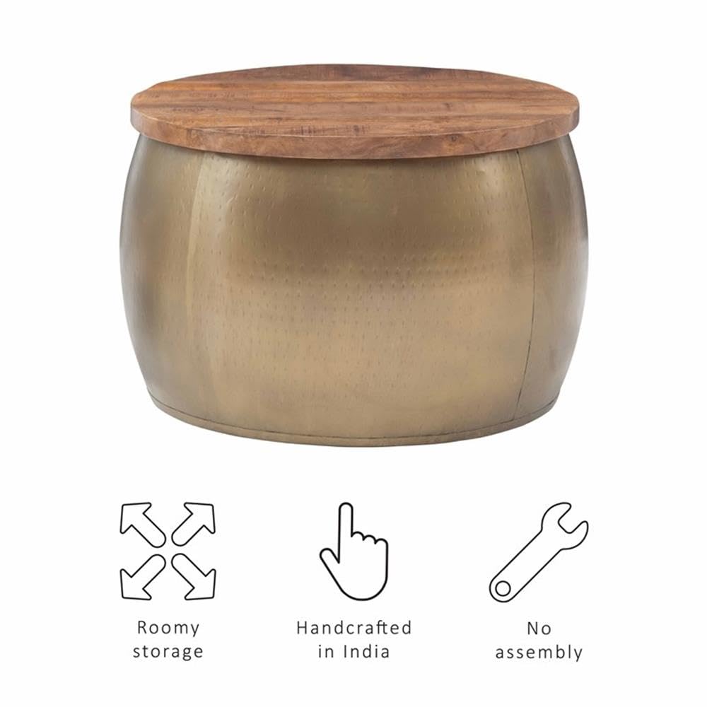 Pemberly Row Modern Large Wood and Metal Drum Side Table with Storage in Brass - Perfect for Living Room, Bedroom, or Office Decor