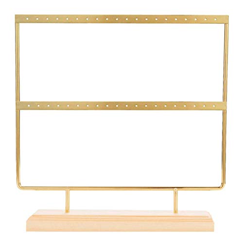 JF-XUAN Wooden Jewelry Display Stand - 40 Hole Earring Holder with Tray for Ear Studs, Necklaces, Bracelets & Rings | Gold-Toned Jewelry Organizer for Boutique, Home Decor & Gift Packaging