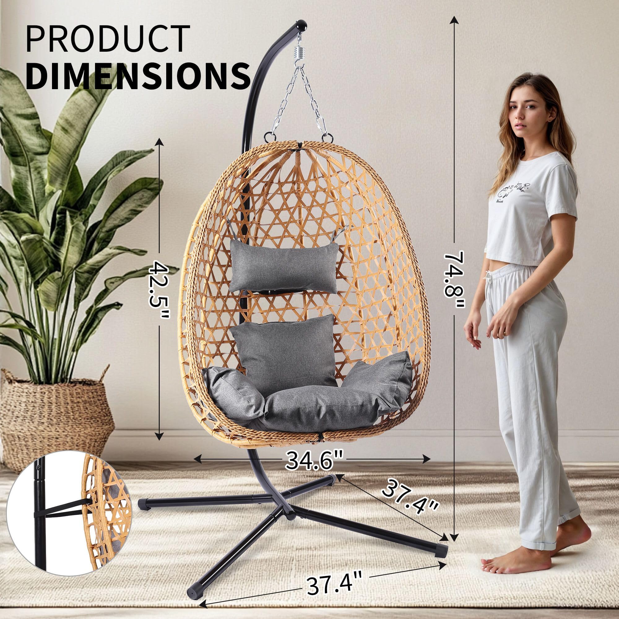 Egg Chair with Stand - Patio Wicker Hanging Swing Chair - 350LBS Capacity Hammock for Indoor & Outdoor Use - Perfect for Bedroom, Balcony, Garden, and Backyard Relaxation (YE-GR)