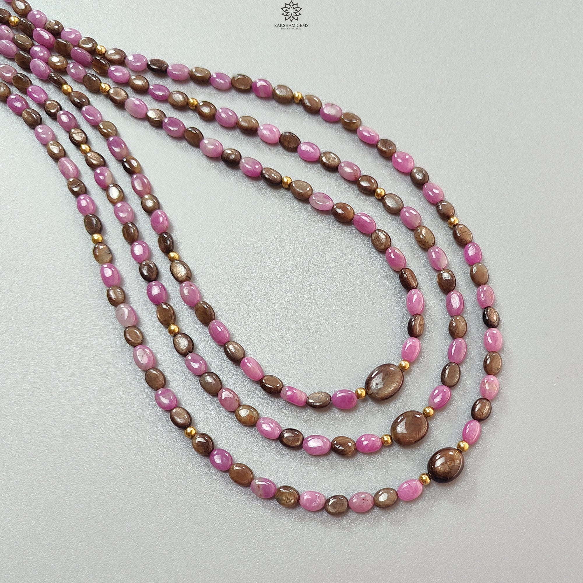 Natural Untreated Golden & Pink Sapphire Gemstone Beads Necklace - Oval Shape Brass Jewelry (18