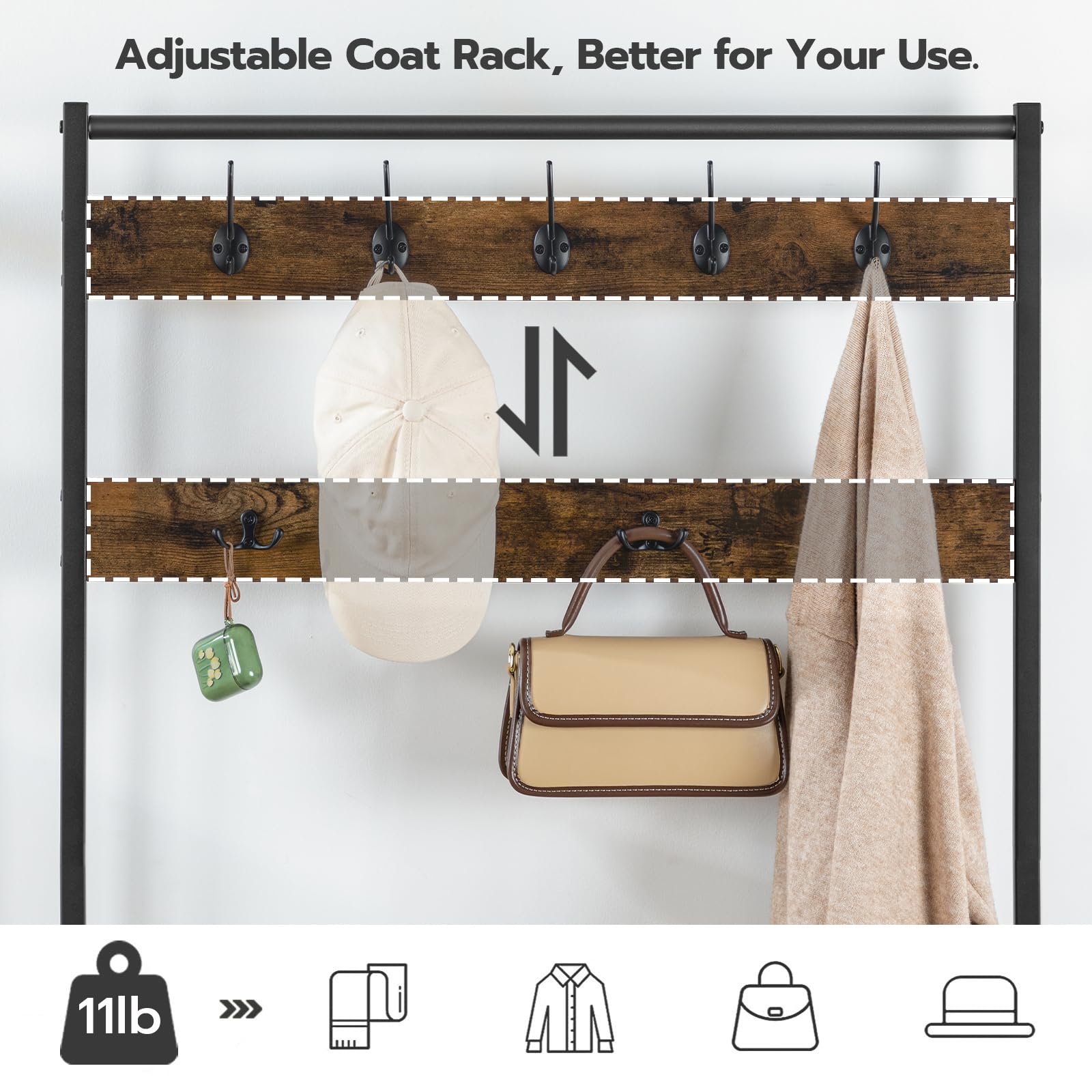 HOOBRO Industrial Hall Tree with Bench - 5-Tier Shoe Storage & 9-Hook Coat Rack for Entryway, Closet - Rustic Brown & Black BF80MT01G2 - Perfect for Mudroom Organization & Small Space Entry Solutions