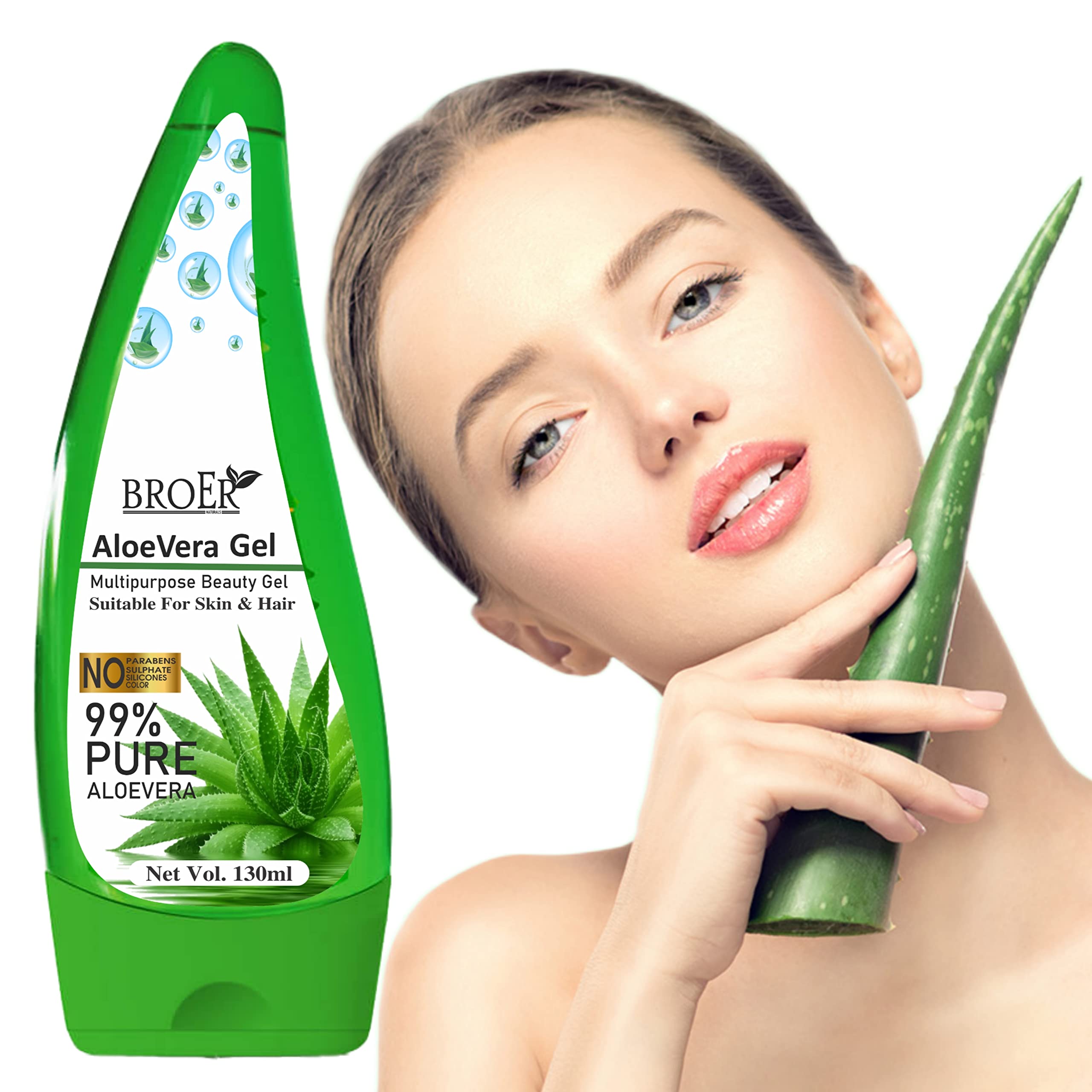 BROER Pure Aloe Vera Gel with Vitamin E for Face, Skin & Hair Care - 130ml | Hydrating Moisturizer for Sunburn Relief, After Shave, Hair Mask & Daily Skincare