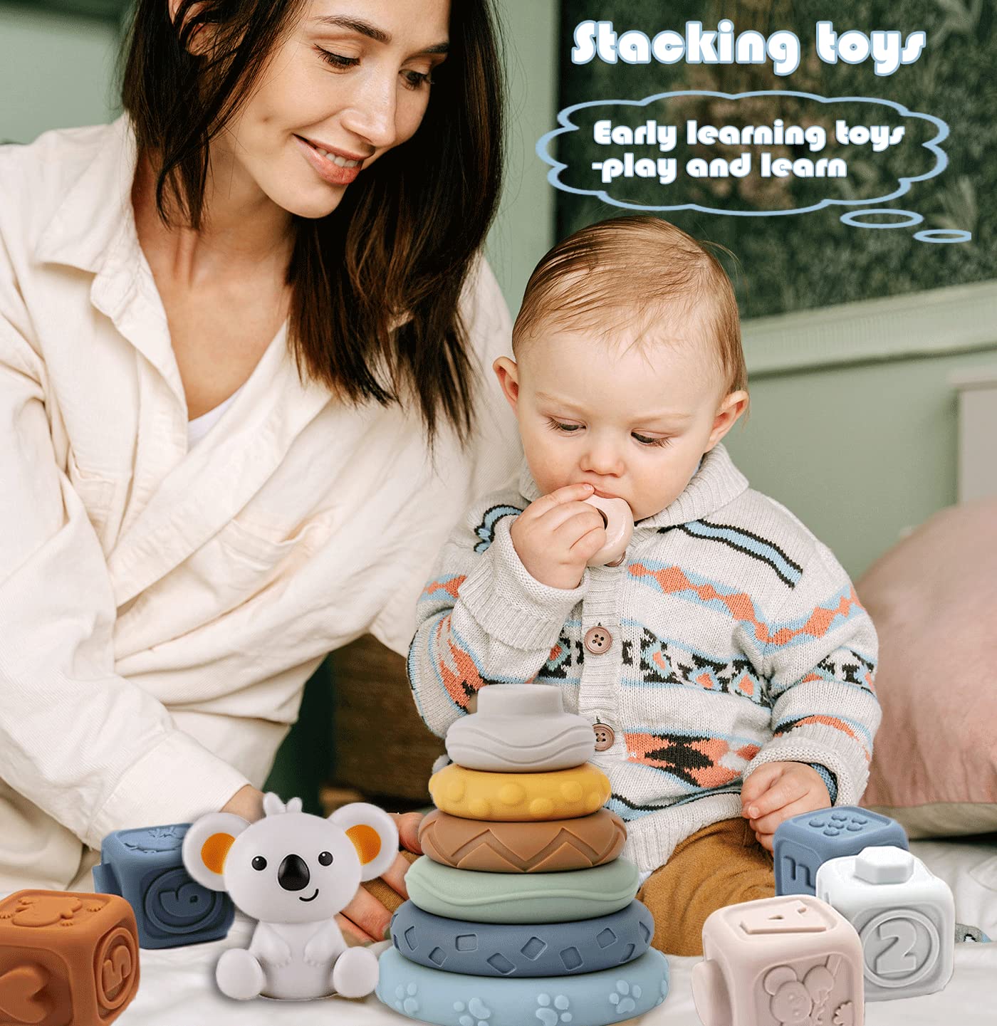 13 Pcs Montessori Sensory Building Blocks & Circles - Early Educational Squeeze Teething Toys with Koala Figure for Babies 6-18 Months | Perfect for Toddler Learning, Fine Motor Skills Development & Sensory Play