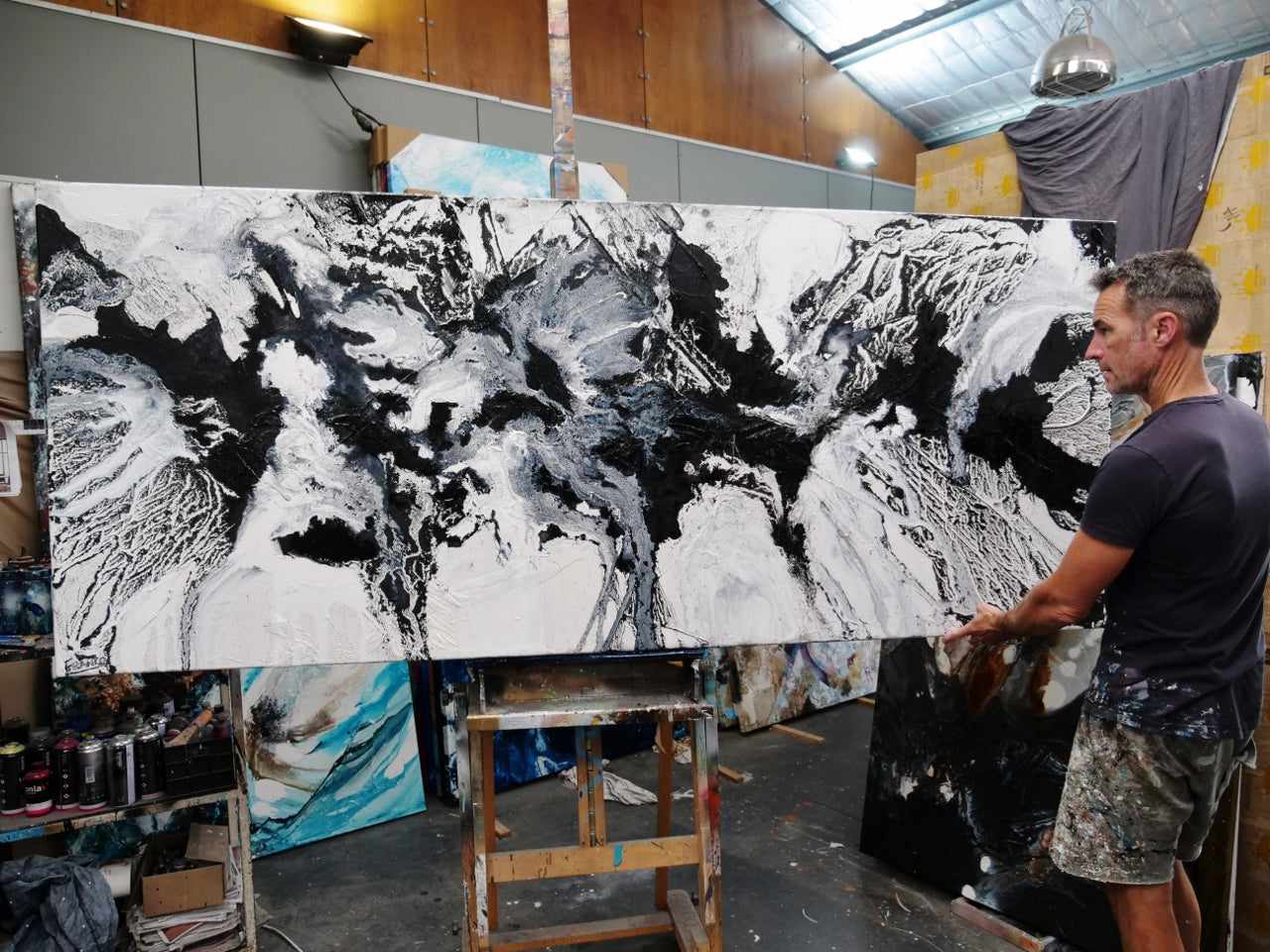 240cm x 100cm White Black Textured Abstract Iced Carbon Painting - Modern Wall Art for Living Room, Bedroom & Office Decor