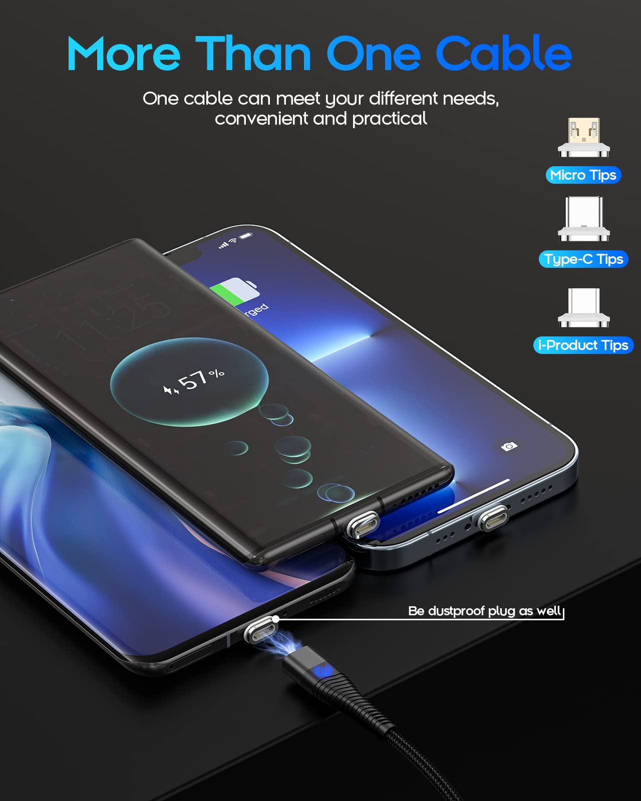 YKZ 3-in-1 Magnetic Charging Cable - Fast 15W USB-C/Micro USB/Lightning Cable with 12 Adapter Tips, Nylon Braided Durable Charger for iPhone 15/14/13/12, Samsung Galaxy, iPad & More (4-Pack: 1M+1M+2M+2M) - Perfect for Home, Office & Travel Charging