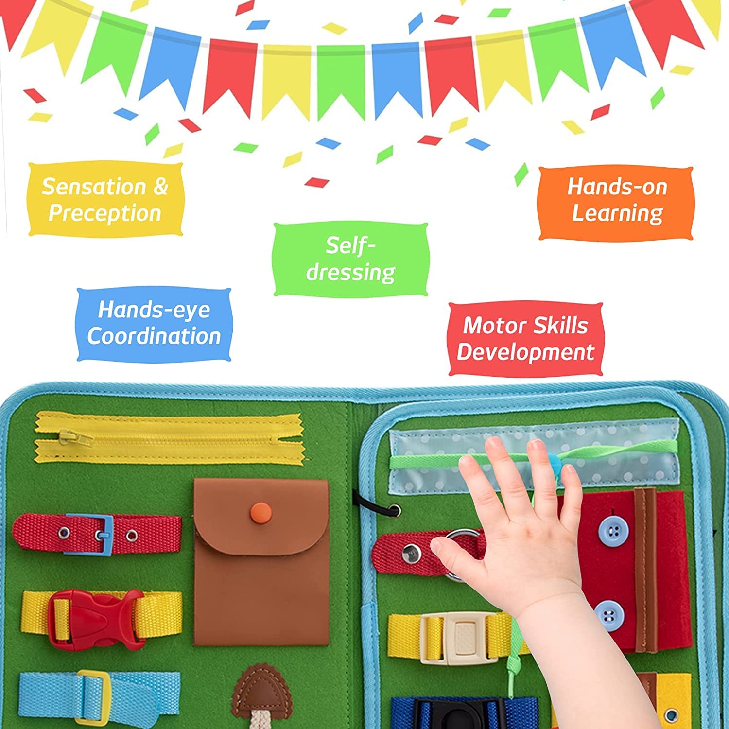Montessori Busy Board for Toddlers 1-4 Years - Sensory Travel Toy for Fine Motor Skills - Perfect for Preschool & Airplane Activities
