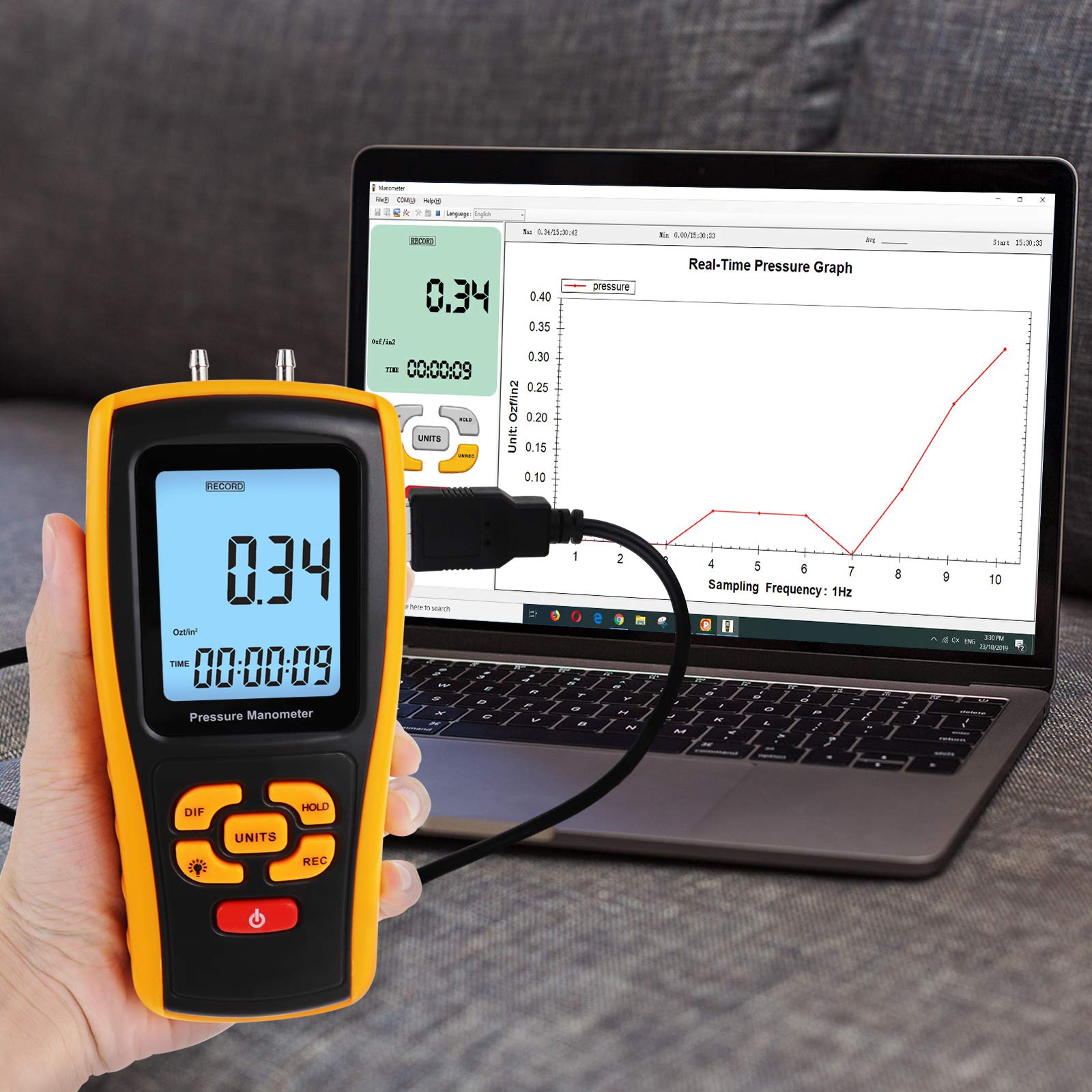 Digital Air Pressure Gauge - Dual Port HVAC Manometer with Differential Pressure Measurement, Handheld Portable Gas Pressure Tester Tool for HVAC, Plumbing, Automotive & Industrial Applications