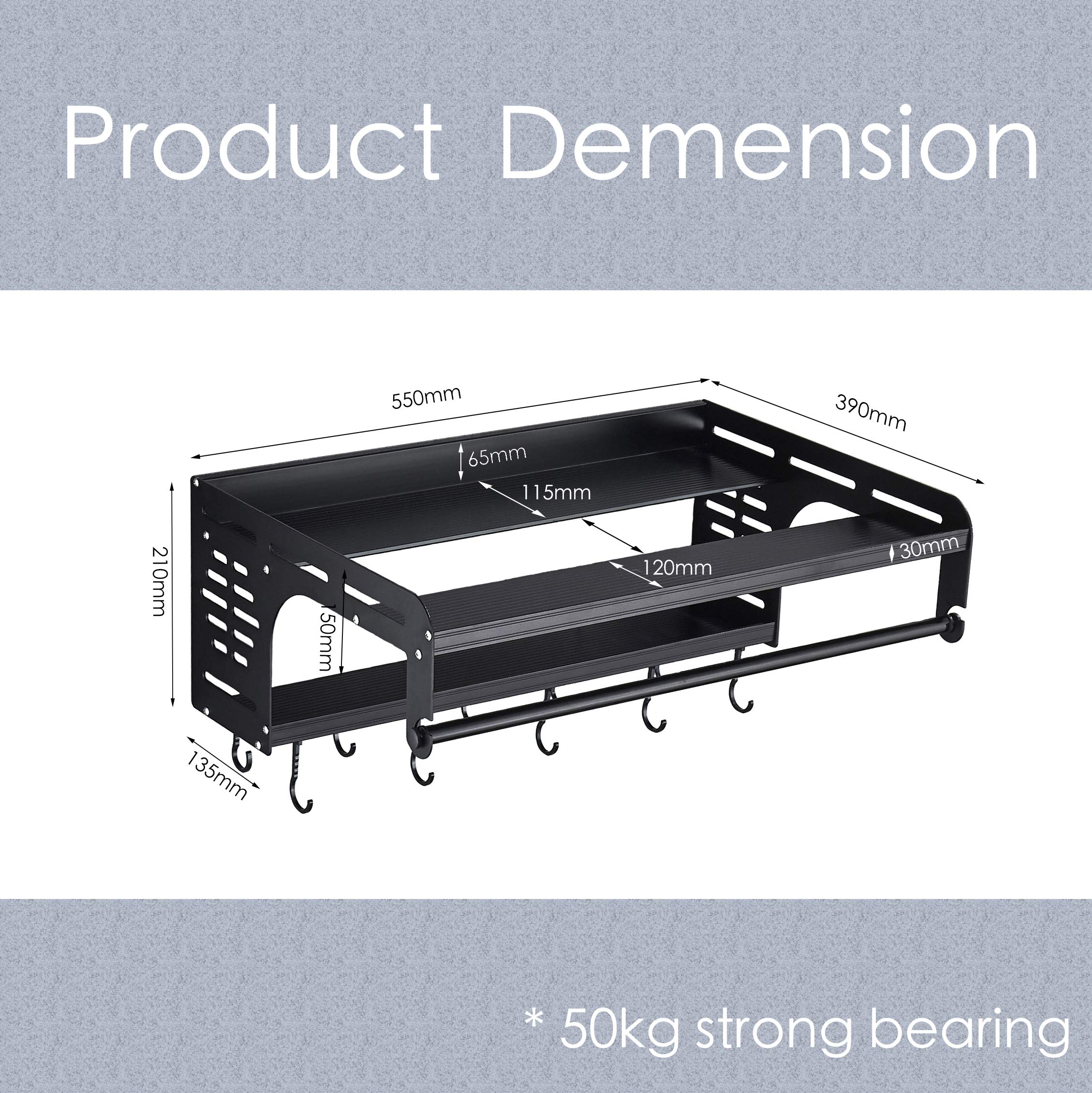 Black Aluminum Microwave Oven Wall Mount Shelf - Double Bracket with 10 Removable Hooks & Wrapper Roll Holder - Space Saving Kitchen Organizer for Christmas Decorations & Small Appliances