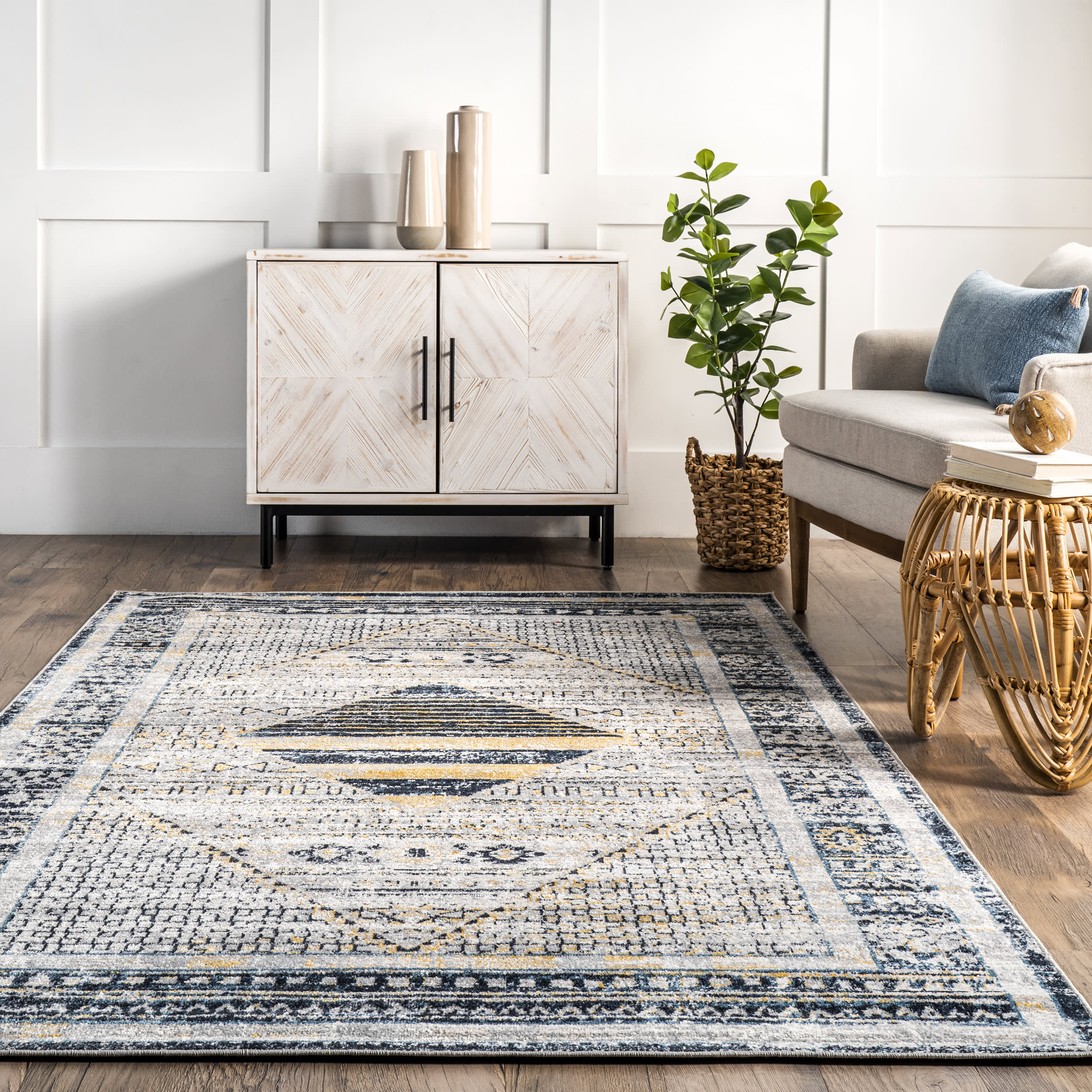 Connie Washable Bordered Area Rug - Light Grey | Soft & Durable Living Room Carpet for Home Decor
