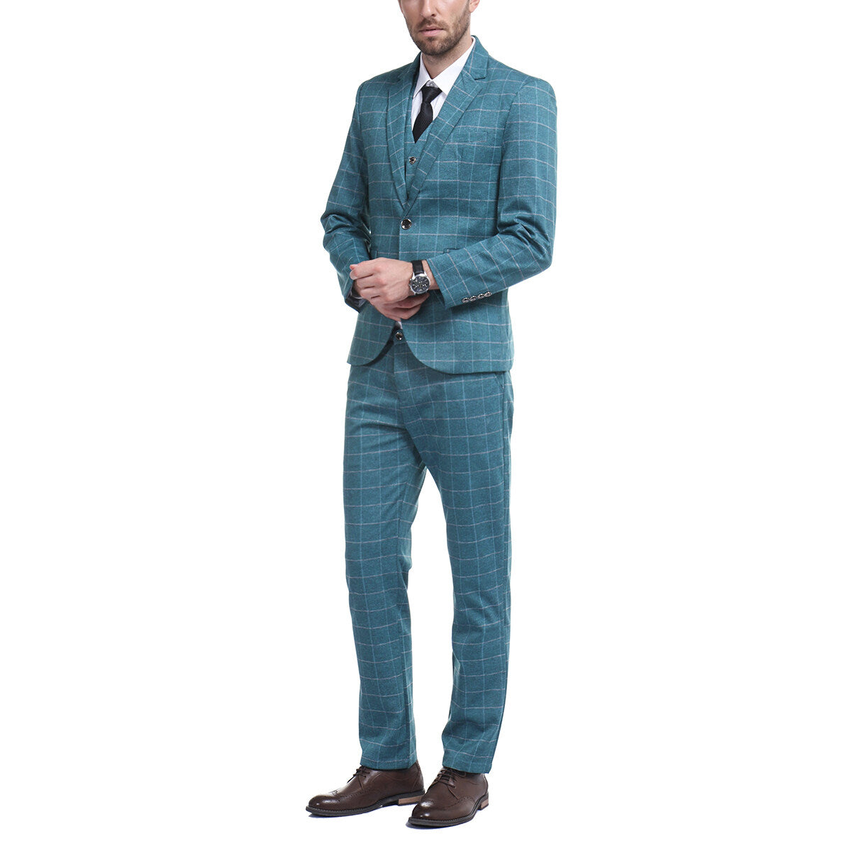 3 Piece Slim Fit Blue Plaid Modern Suit for Men - Business & Wedding Formal Attire - Office, Prom, Special Occasions
