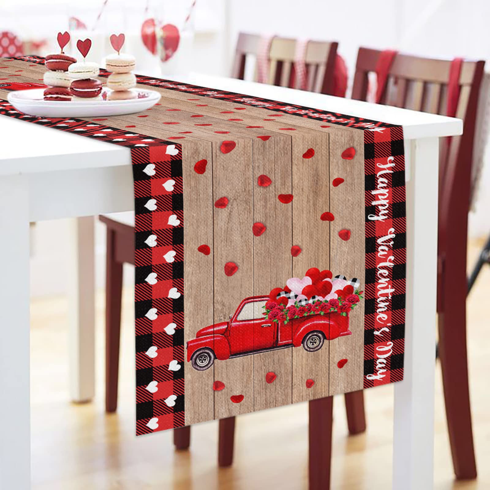 90 Inch Red Truck Valentine's Day Table Runner - Romantic Love on Petals Design for Kitchen, Dining Table, Dresser | Perfect for Valentine's Decor, Weddings, Banquets & Coffee Table Styling