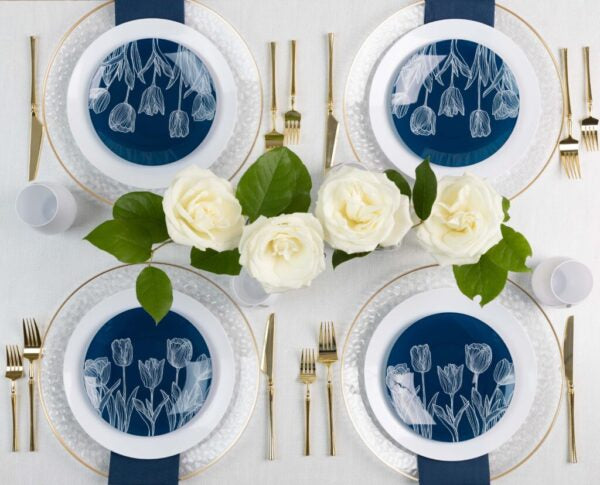 32-Piece Navy & White Tulip Round Plastic Dinnerware Set - BPA-Free, Shatterproof, 16 Place Settings - Perfect for Outdoor Picnics, BBQs, and Party Dining