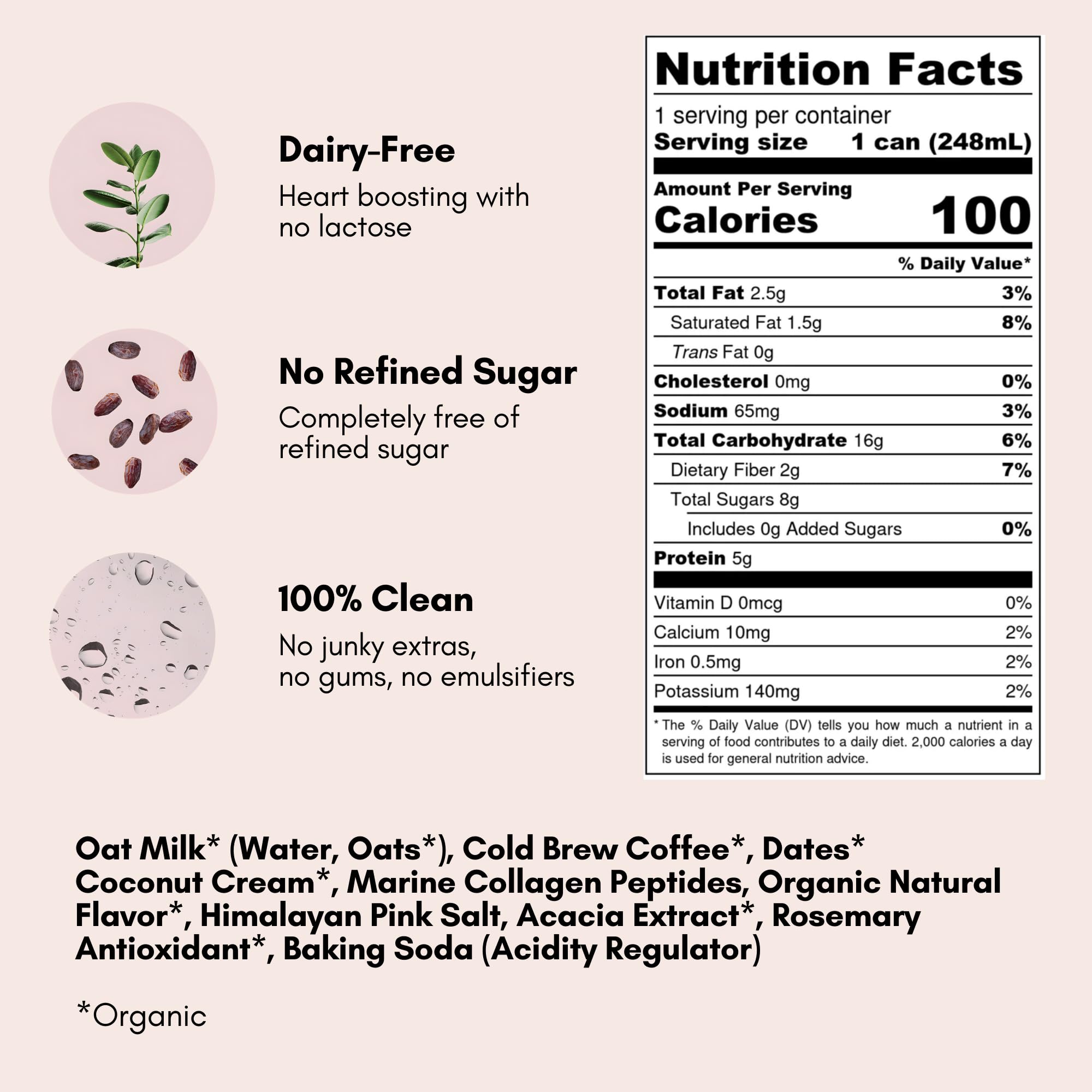 Organic Oat Milk Lattes with Marine Collagen & MCT Oil - Dairy Free, Gluten Free, Lightly Sweetened with Dates - Vanilla Flavor Cold Brew Coffee, 8 Fl Oz (12 Pack) - Perfect for Iced Coffee, Breakfast, On-the-Go Snacks & Post-Workout Recovery
