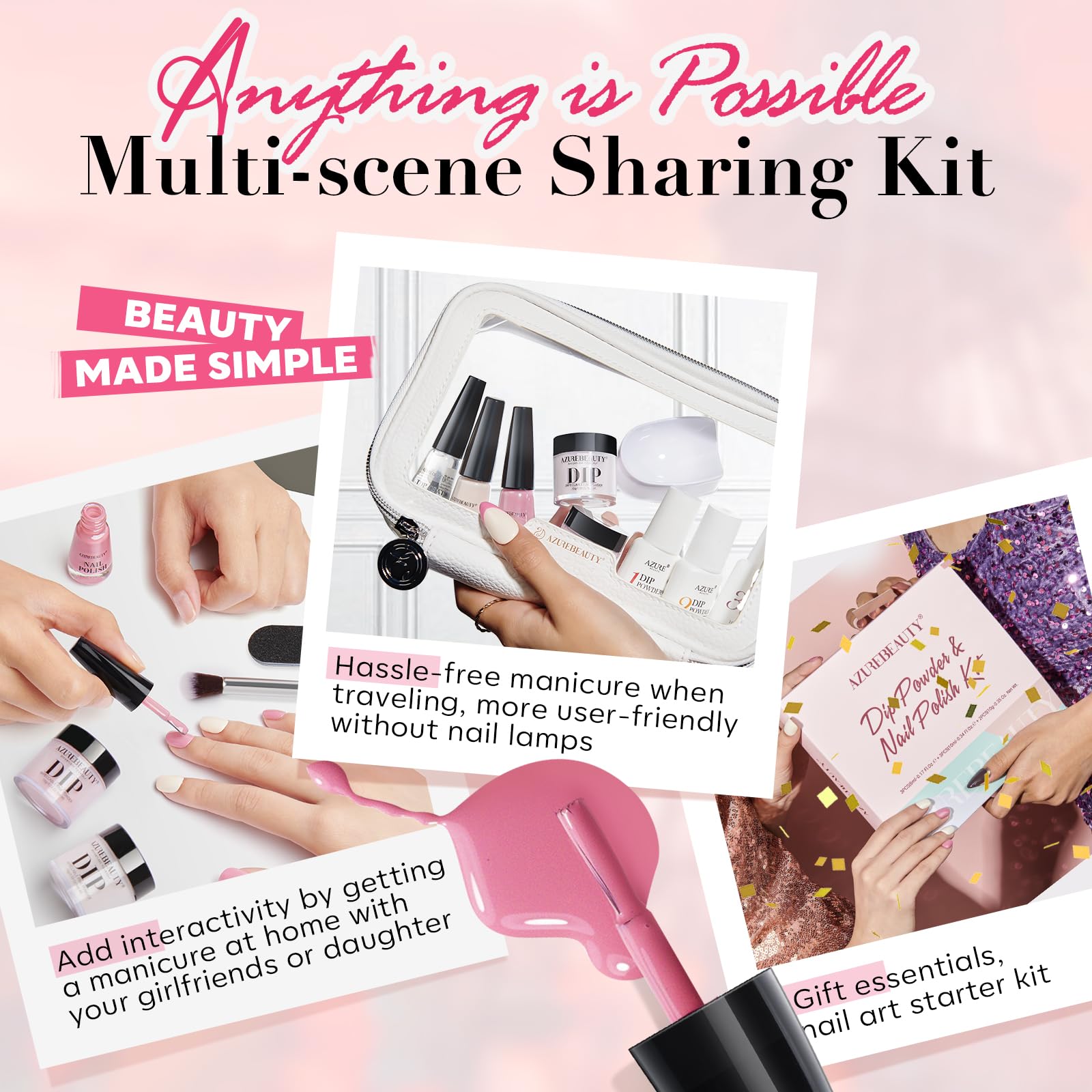 AZUREBEAUTY Dip Powder Nail Kit Starter - Long Lasting 21+ Days Nude Pink Nail Polish Set with High Shine Fast Dry Top Coat for Fragile Nails | DIY Salon-Quality Manicure at Home for Weddings, Parties & Special Occasions