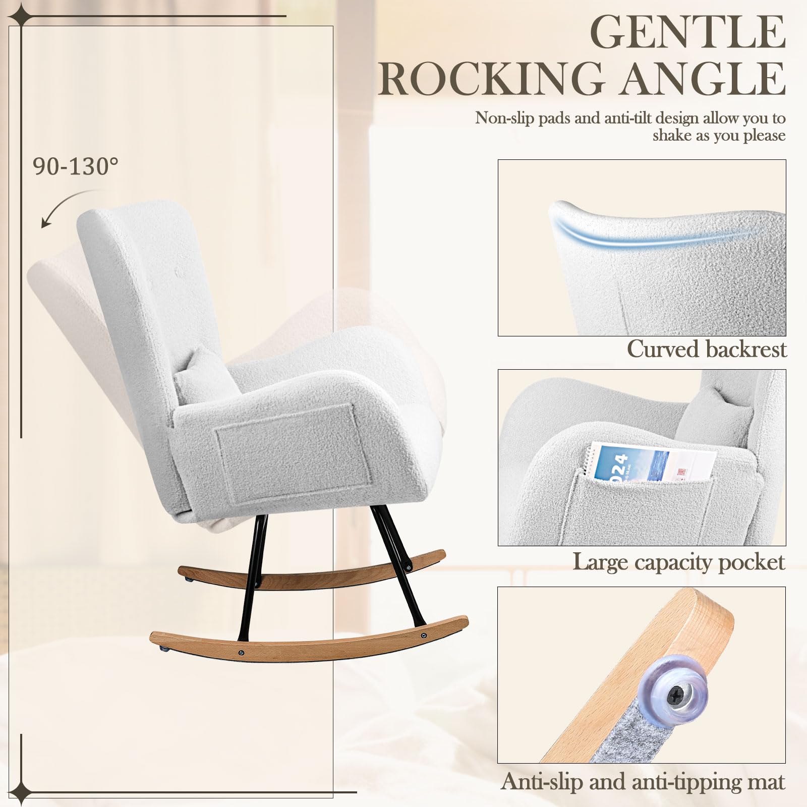 Waleaf Teddy Upholstered Rocking Chair - High Backrest Nursery Glider with Padded Seat, Comfortable Nursing Chair for Bedroom, Living Room & Nursery (Ivory) | Perfect for Breastfeeding, Reading Nook & Relaxation