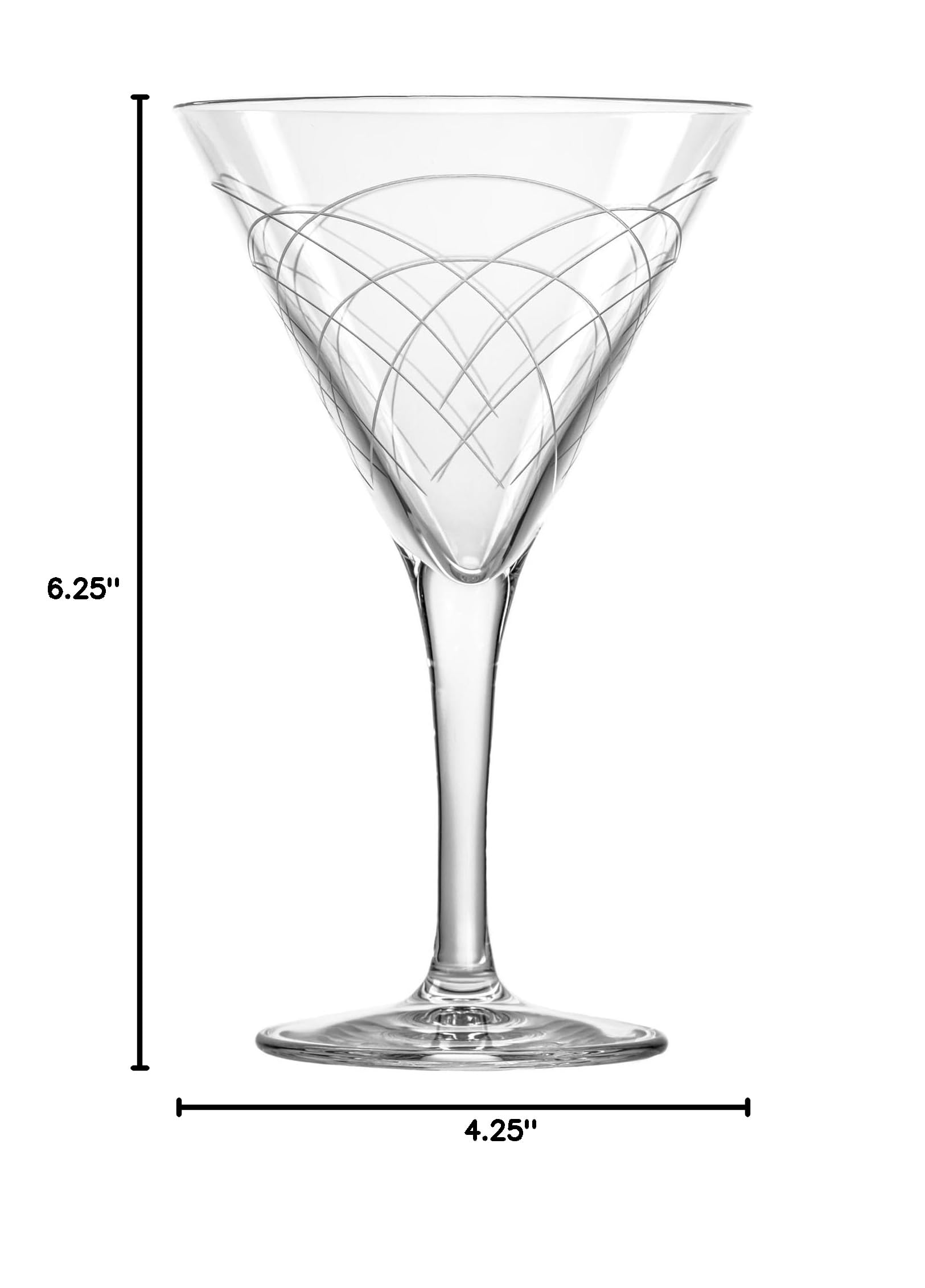 Rolf Glass Mid-Century Modern Martini Cocktail Glasses Set of 4 | 7.5 oz Lead-Free Crystal Clear Stemware | Diamond-Wheel Engraved Barware | USA Designed for Elegant Cocktail Parties & Home Entertaining