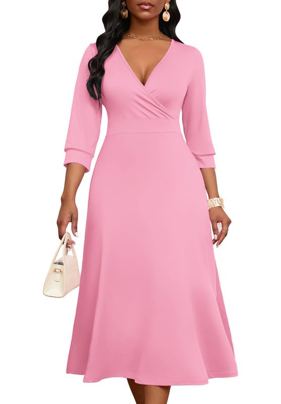 Elegant Women's Wrap V-Neck Midi Dress for Wedding Guest - 3/4 Sleeve High Waist Casual Dress - Perfect for Cocktail Parties, Date Nights & Special Occasions