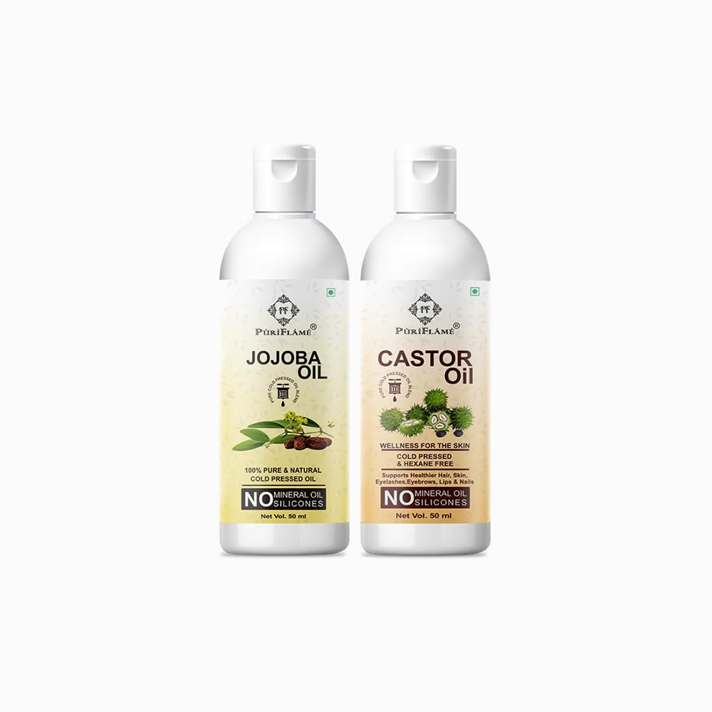 PuriFlame 100% Pure Jojoba Oil & Castor Oil Combo (50ML Each) for Hair Growth, Anti-Hair Fall, Split Ends Treatment - Promotes Soft, Shiny Hair - Pack of 2 - Perfect for Daily Hair Care & Scalp Massage