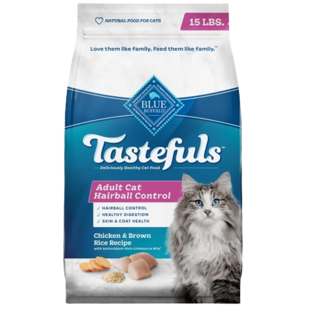 Blue Buffalo Tastefuls Hairball Control Natural Adult Dry Cat Food, Chicken Flavor, 15lb Bag - Healthy Digestion for Indoor Cats with Hairball Issues