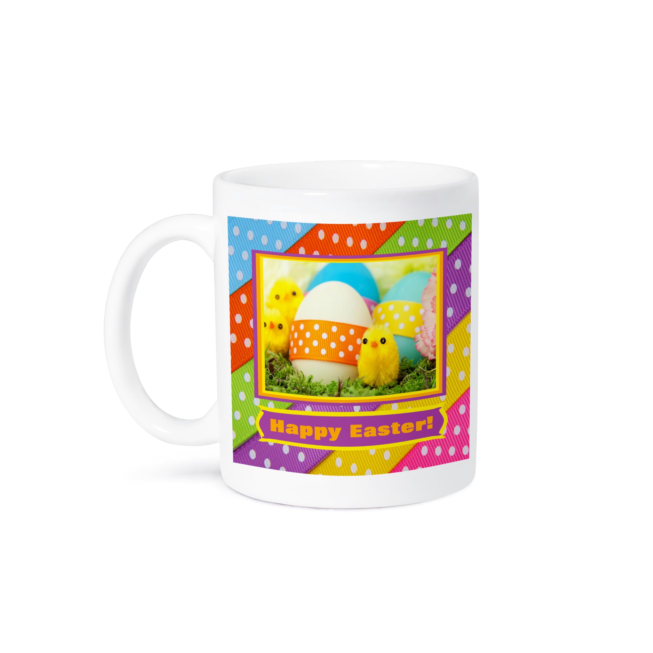 Happy Easter Ceramic Mug 11 oz - Soft Yellow Chicks with Eggs & Dotted Ribbon Design - White Coffee Cup for Easter Brunch, Spring Decor, or Gift Giving