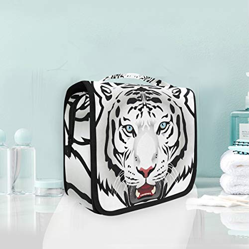 Foldable Hanging Toiletry Bag for Travel - White Tiger Print Cosmetic Organizer for Women & Girls - Perfect for Bathroom, Gym, and Vacation Essentials Storage