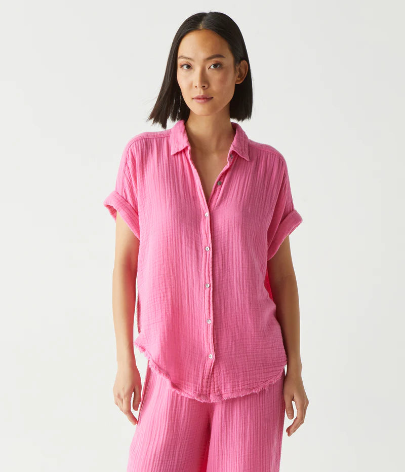 Bailey Gauze Button Down Shirt for Women - Floral Flamingo Print Summer Top - Perfect for Beach Vacations & Casual Outings